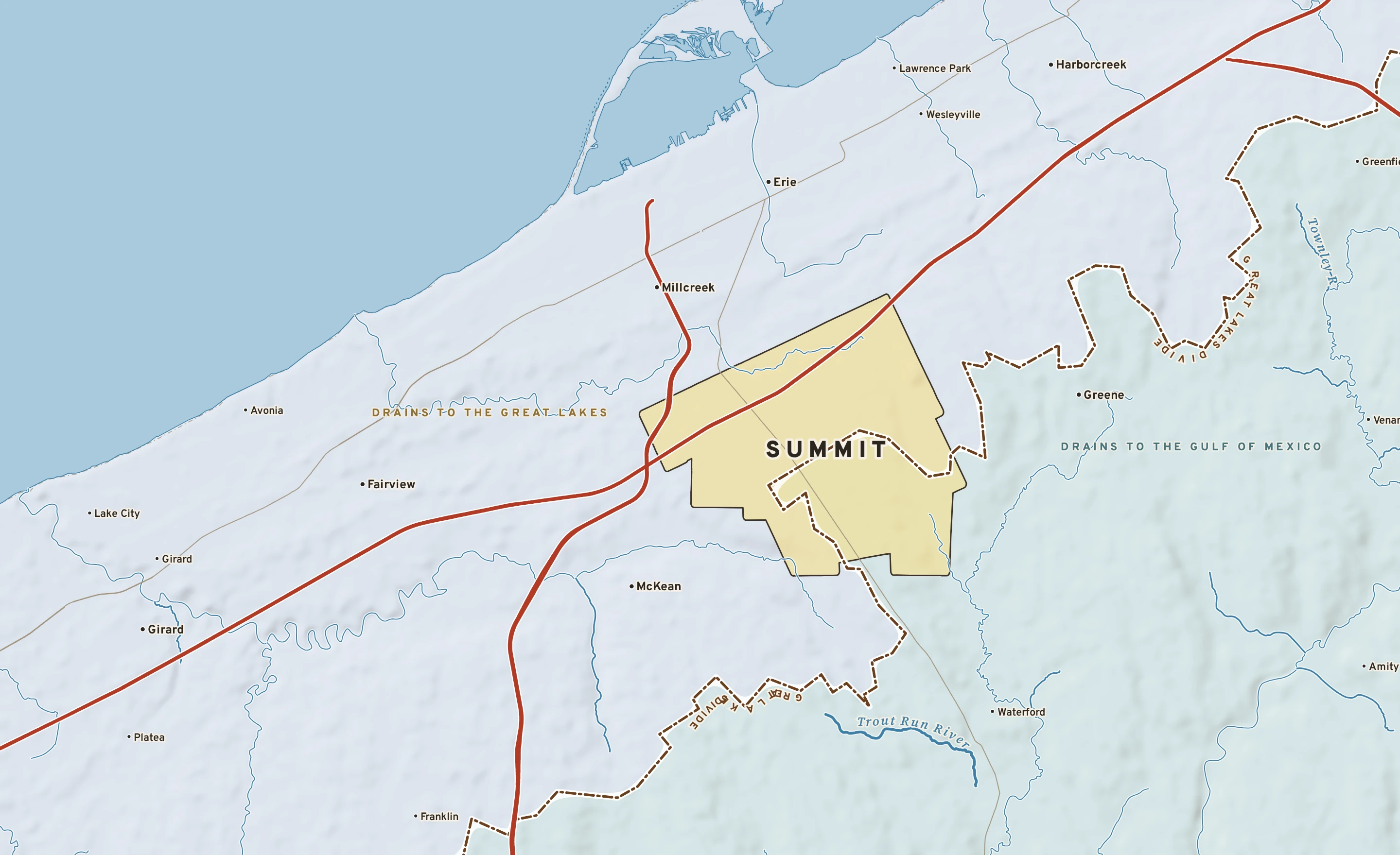 Shaded-relief atlas plate of Summit, Pennsylvania: rivers, roads, the city limits and where the water drains.