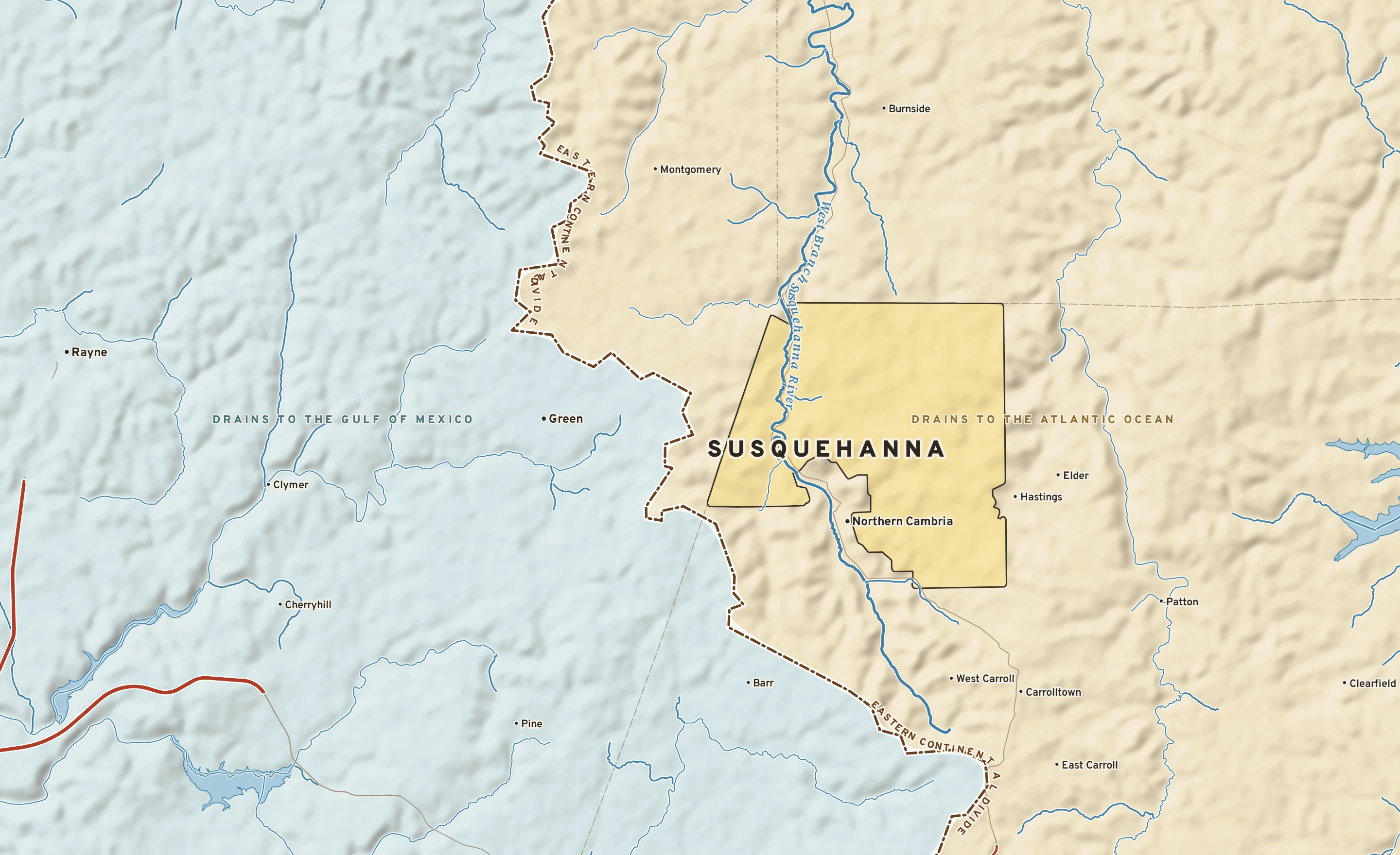 Shaded-relief atlas plate of Susquehanna, Pennsylvania: rivers, roads, the city limits and where the water drains.