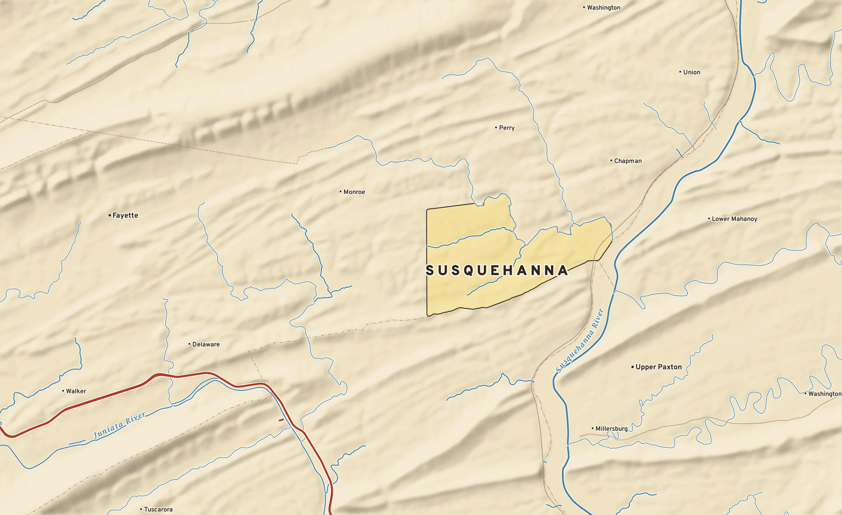 Shaded-relief atlas plate of Susquehanna, Pennsylvania: rivers, roads, the city limits and where the water drains.