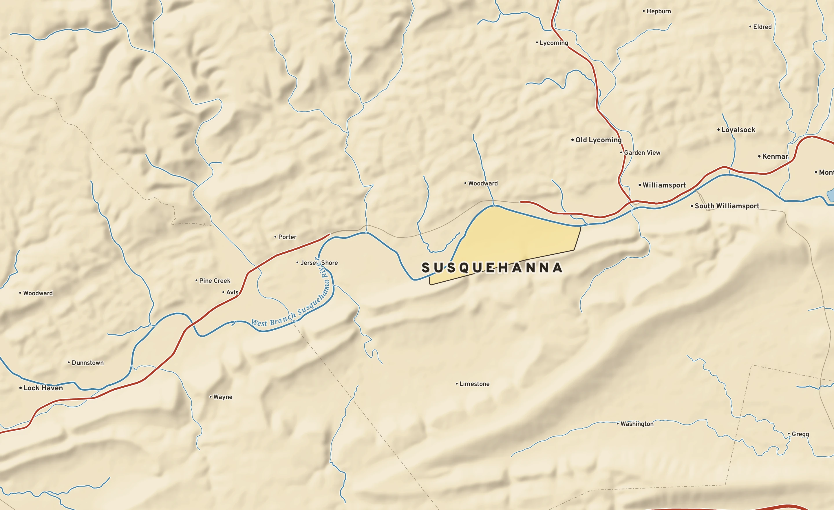 Shaded-relief atlas plate of Susquehanna, Pennsylvania: rivers, roads, the city limits and where the water drains.