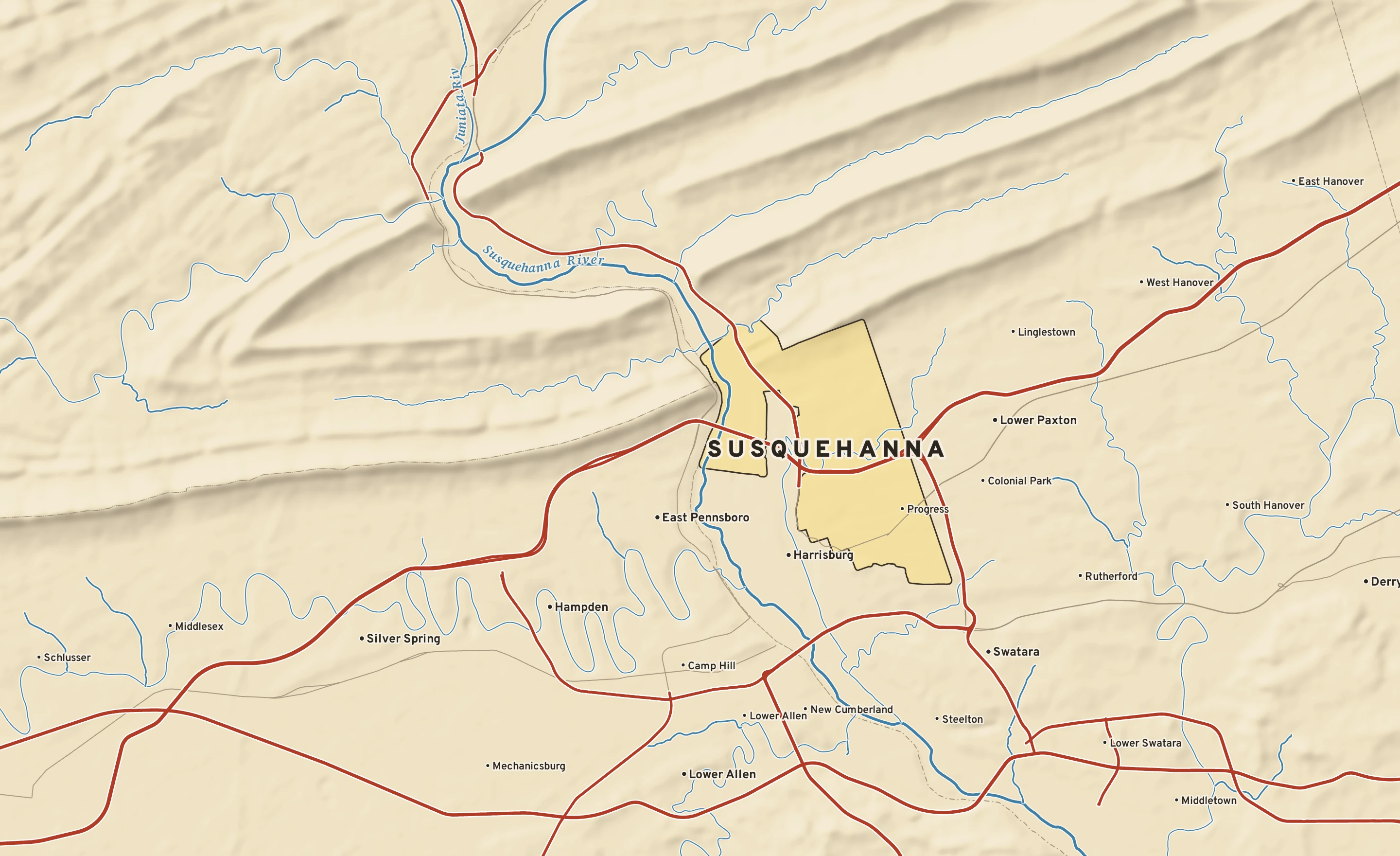 Shaded-relief atlas plate of Susquehanna, Pennsylvania: rivers, roads, the city limits and where the water drains.