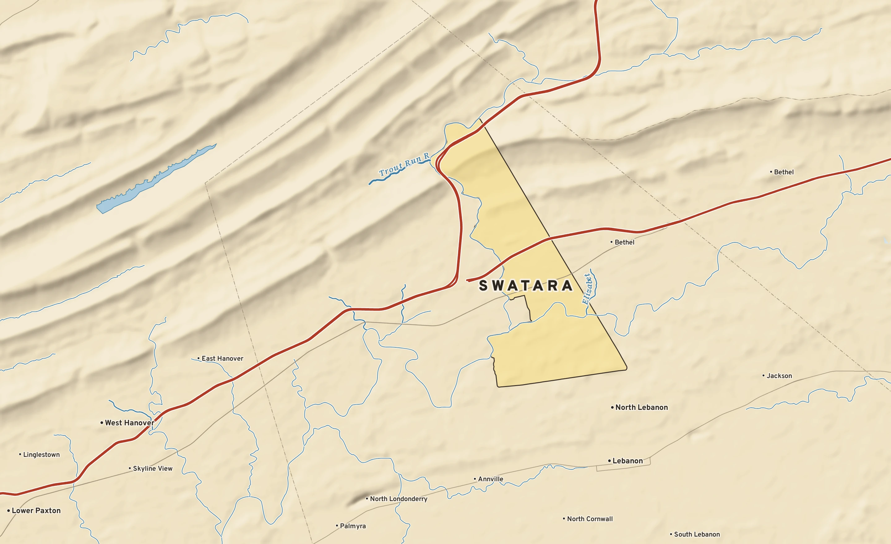 Shaded-relief atlas plate of Swatara, Pennsylvania: rivers, roads, the city limits and where the water drains.
