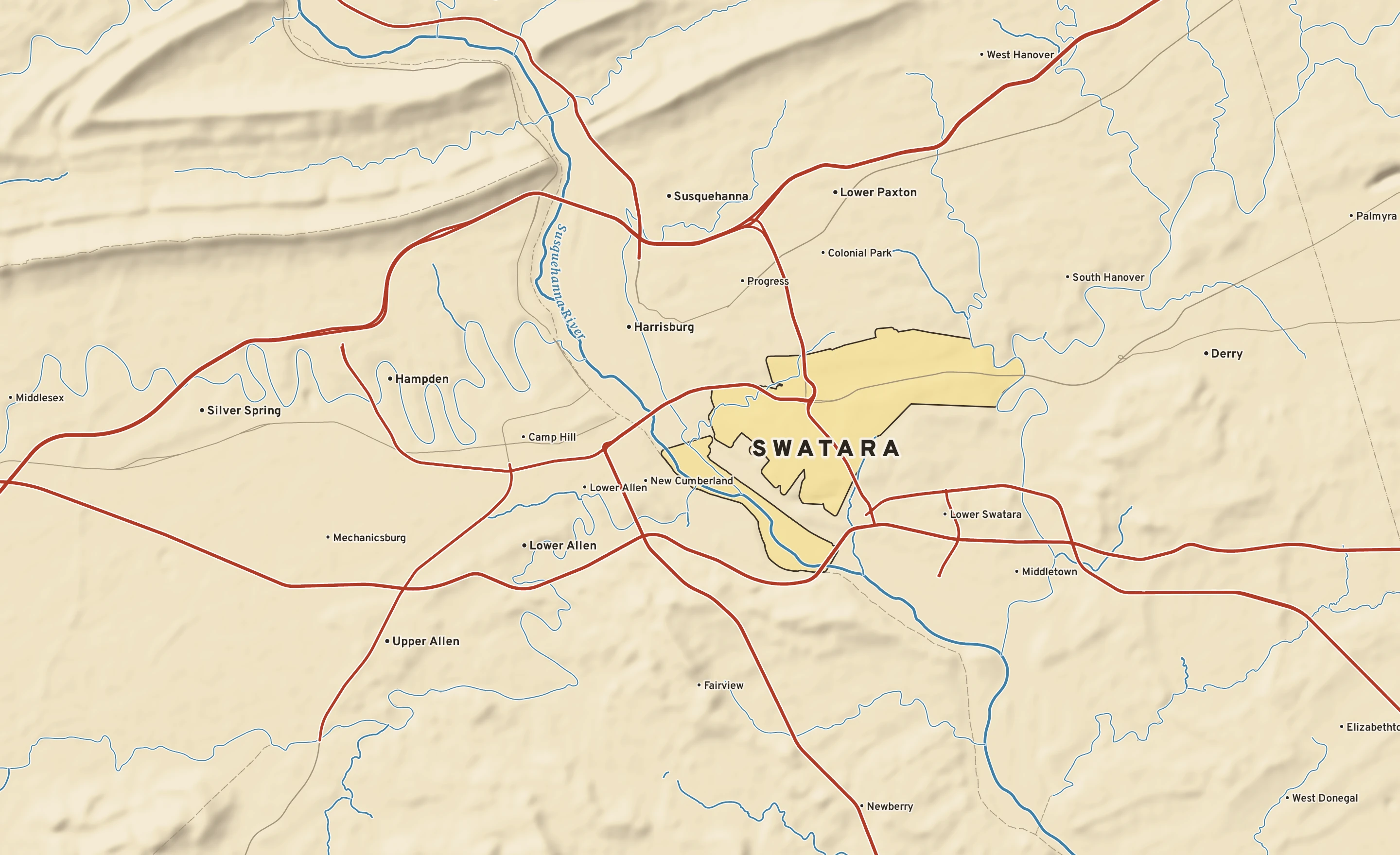 Shaded-relief atlas plate of Swatara, Pennsylvania: rivers, roads, the city limits and where the water drains.
