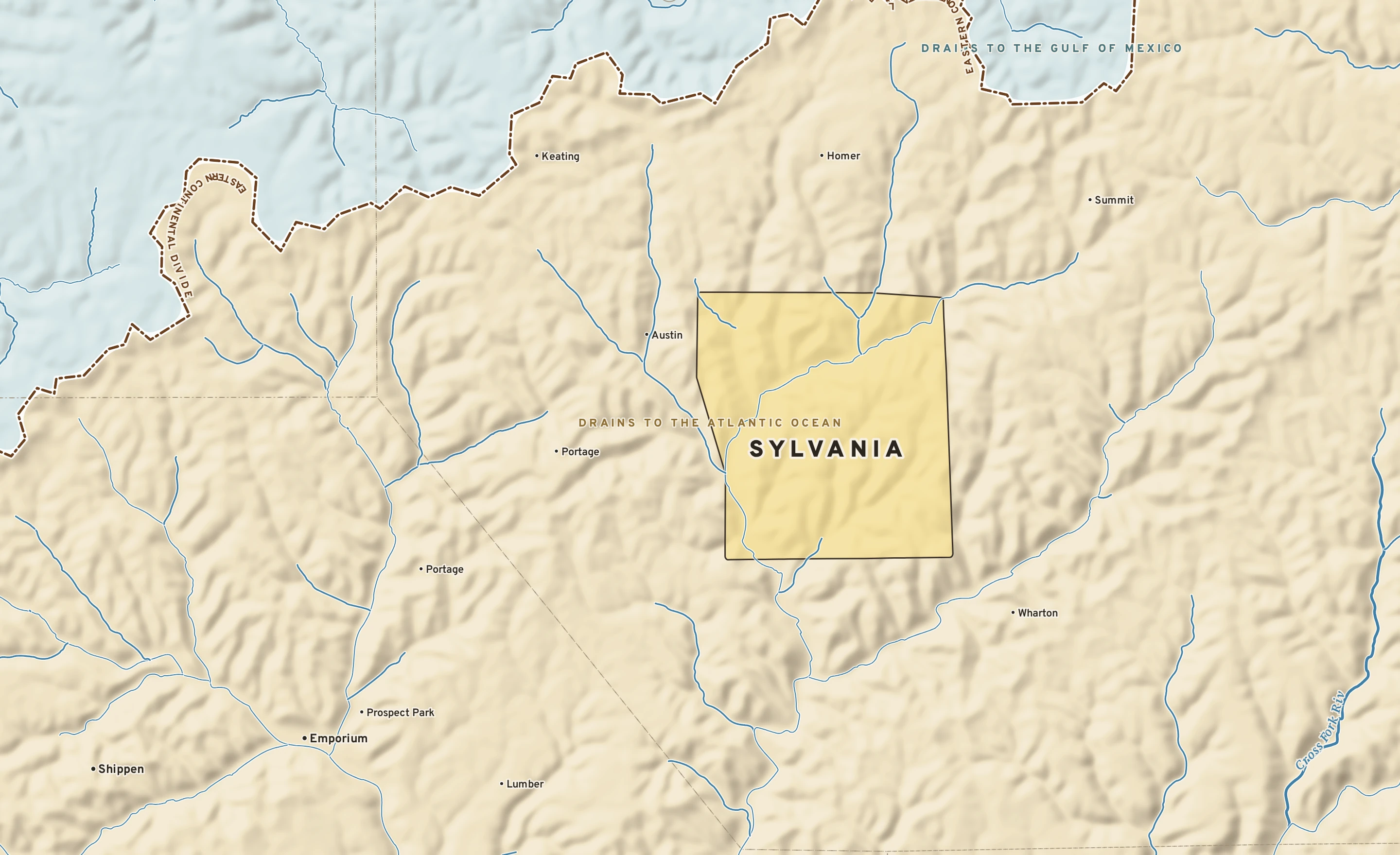 Shaded-relief atlas plate of Sylvania, Pennsylvania: rivers, roads, the city limits and where the water drains.