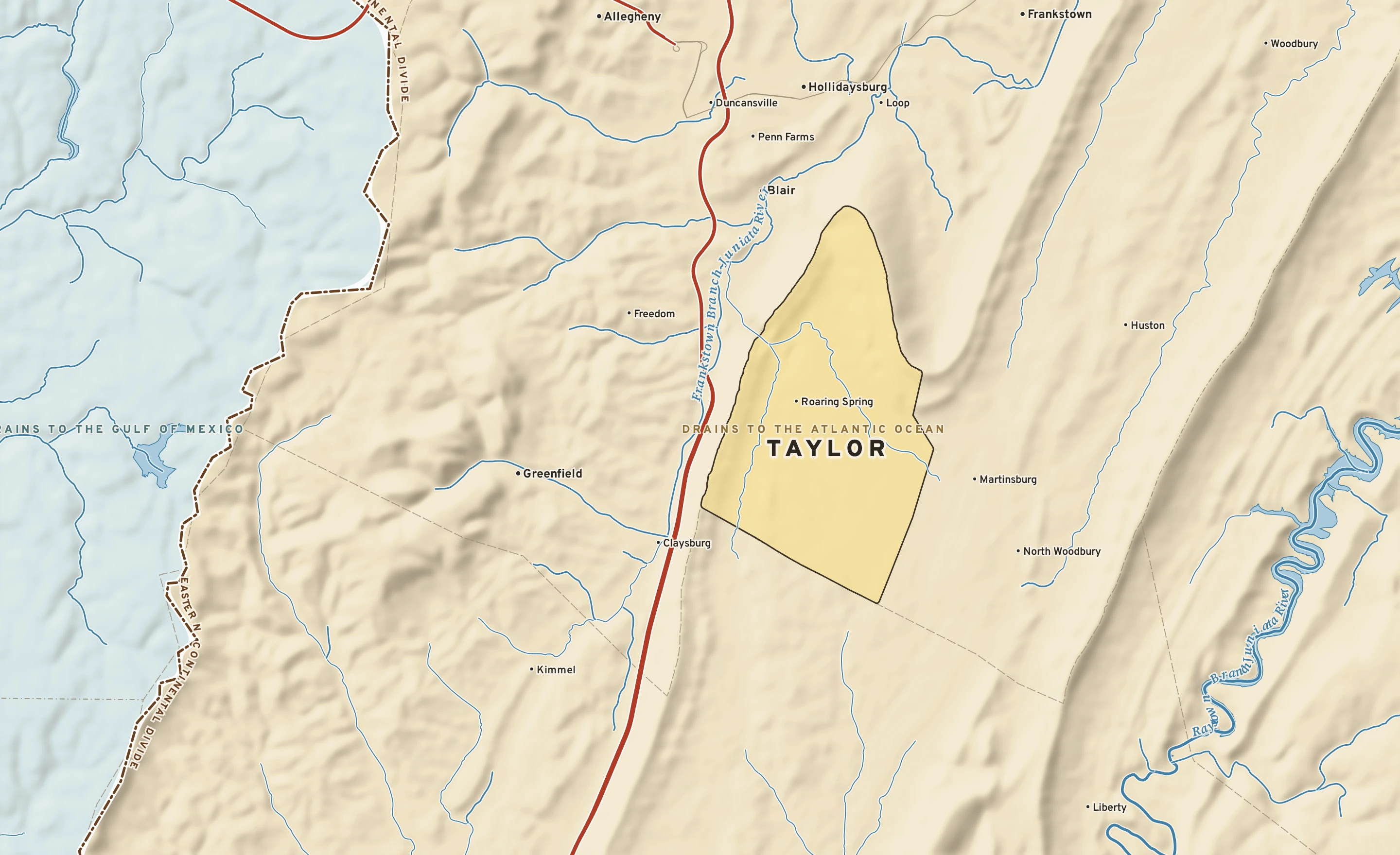 Shaded-relief atlas plate of Taylor, Pennsylvania: rivers, roads, the city limits and where the water drains.