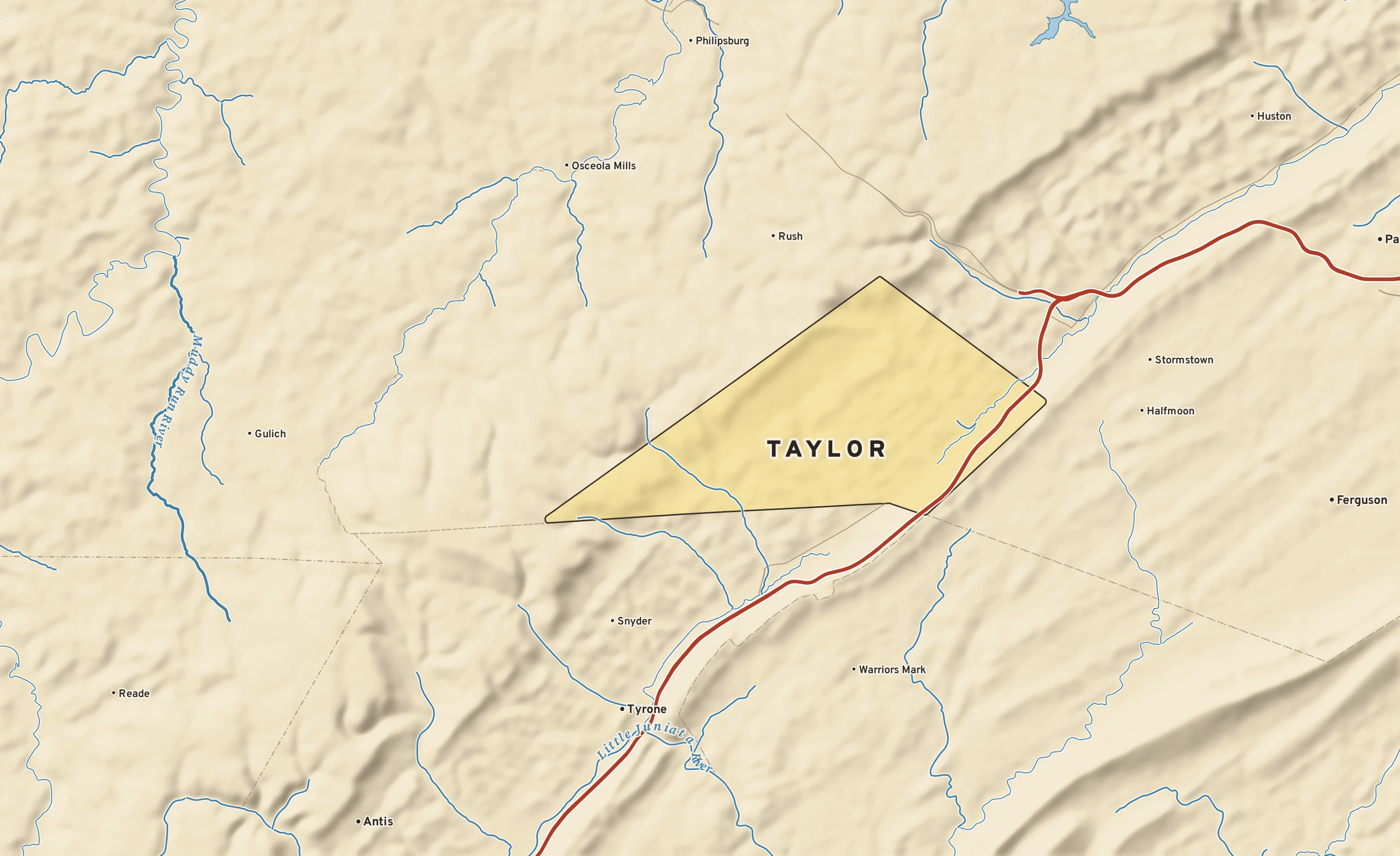 Shaded-relief atlas plate of Taylor, Pennsylvania: rivers, roads, the city limits and where the water drains.