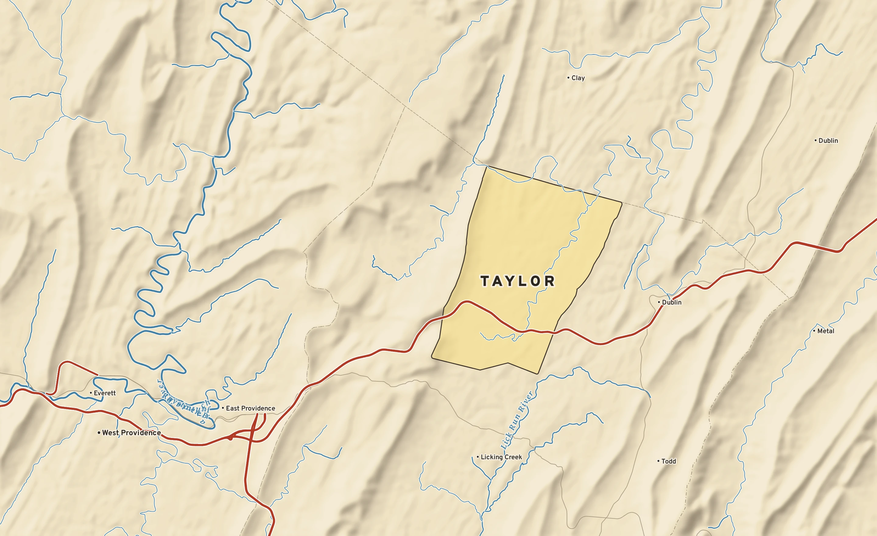 Shaded-relief atlas plate of Taylor, Pennsylvania: rivers, roads, the city limits and where the water drains.