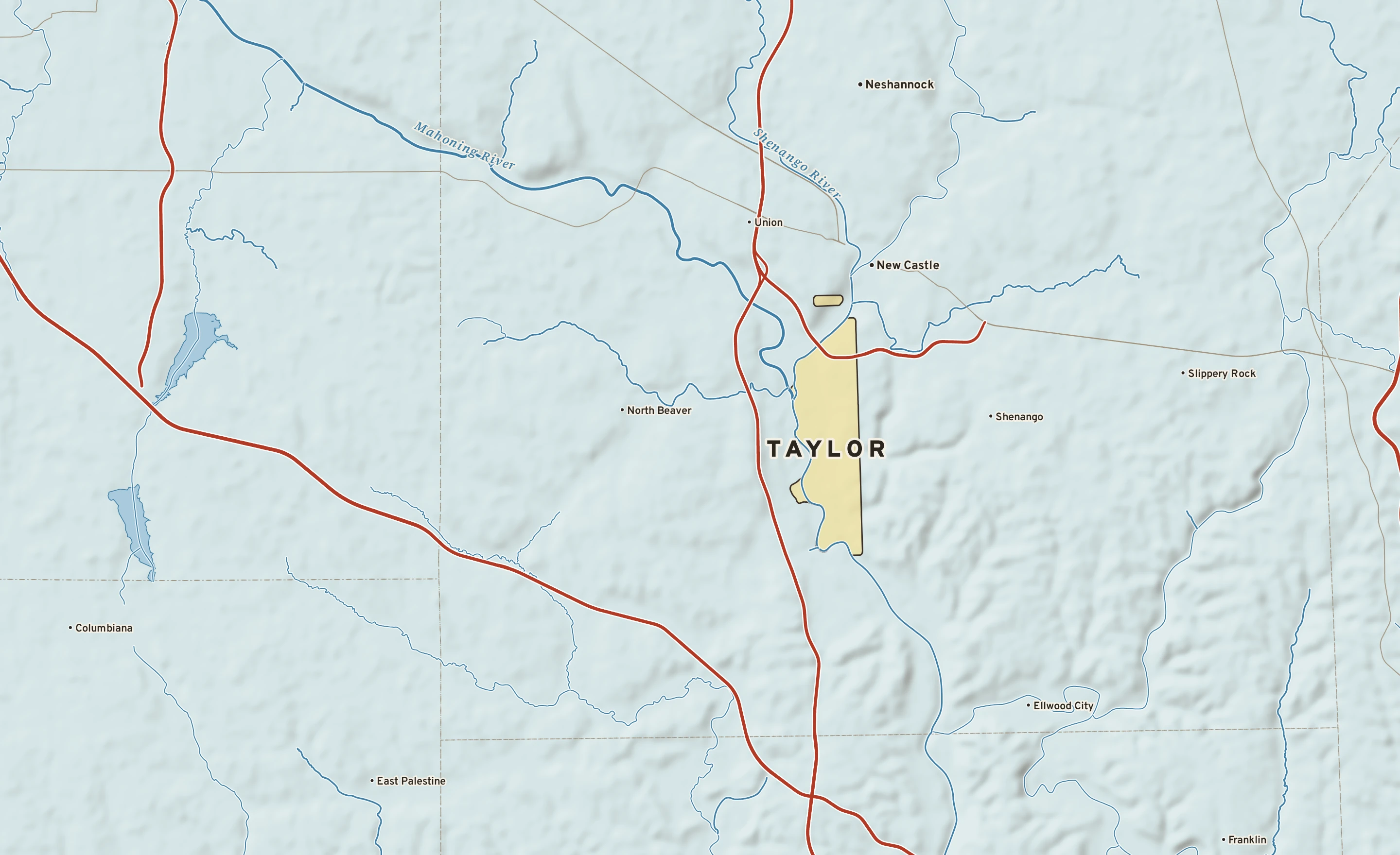Shaded-relief atlas plate of Taylor, Pennsylvania: rivers, roads, the city limits and where the water drains.