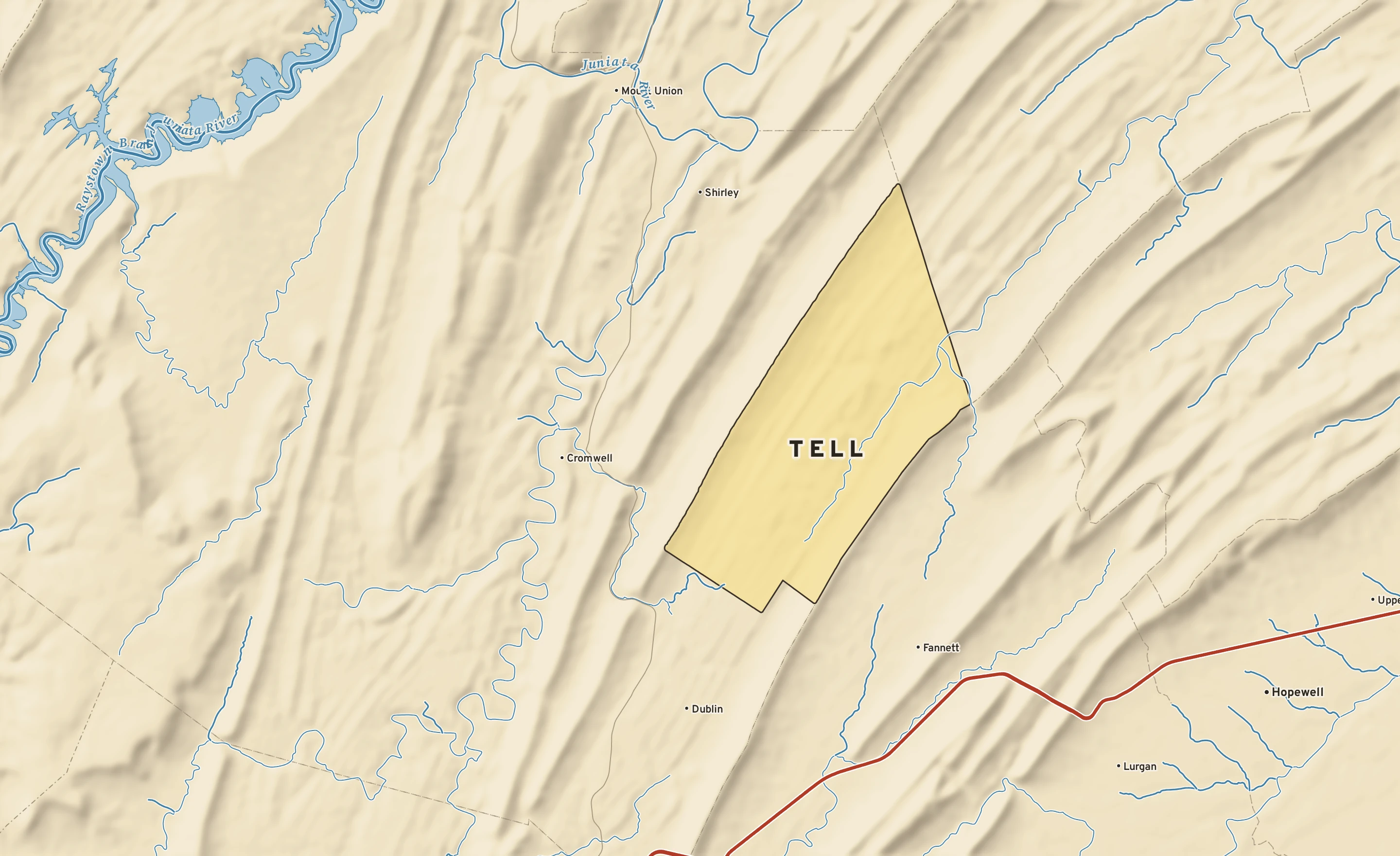 Shaded-relief atlas plate of Tell, Pennsylvania: rivers, roads, the city limits and where the water drains.