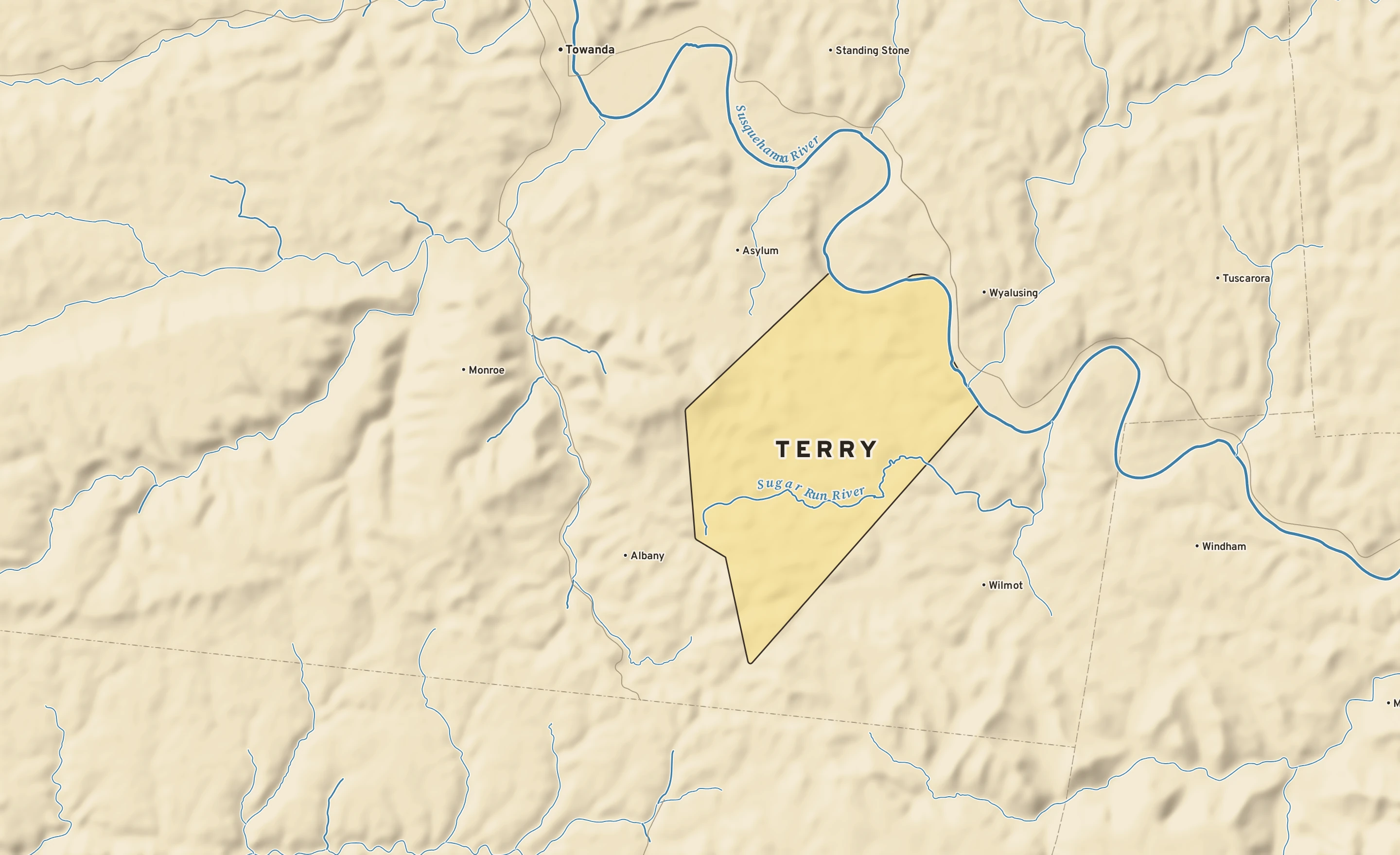 Shaded-relief atlas plate of Terry, Pennsylvania: rivers, roads, the city limits and where the water drains.