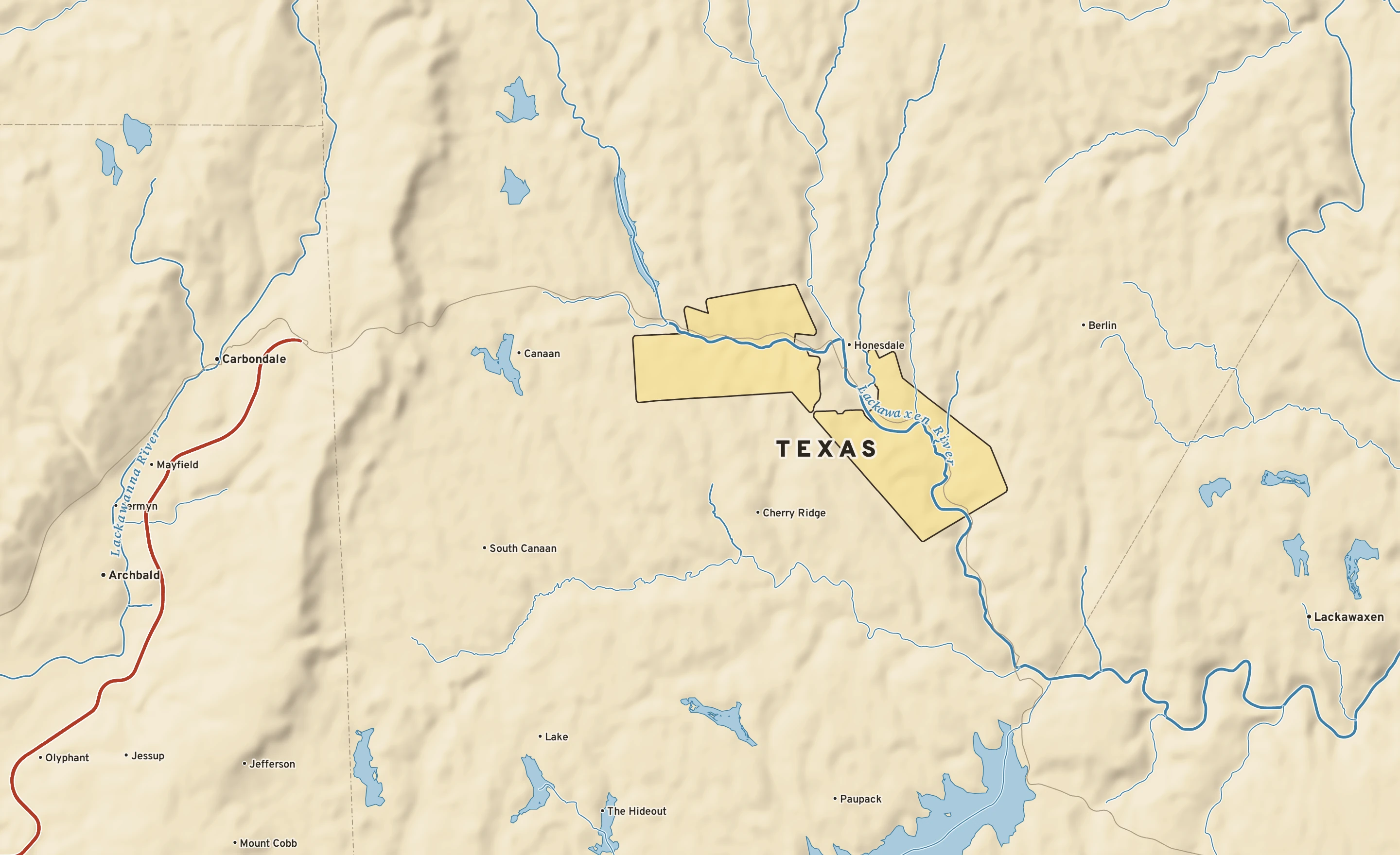 Shaded-relief atlas plate of Texas, Pennsylvania: rivers, roads, the city limits and where the water drains.