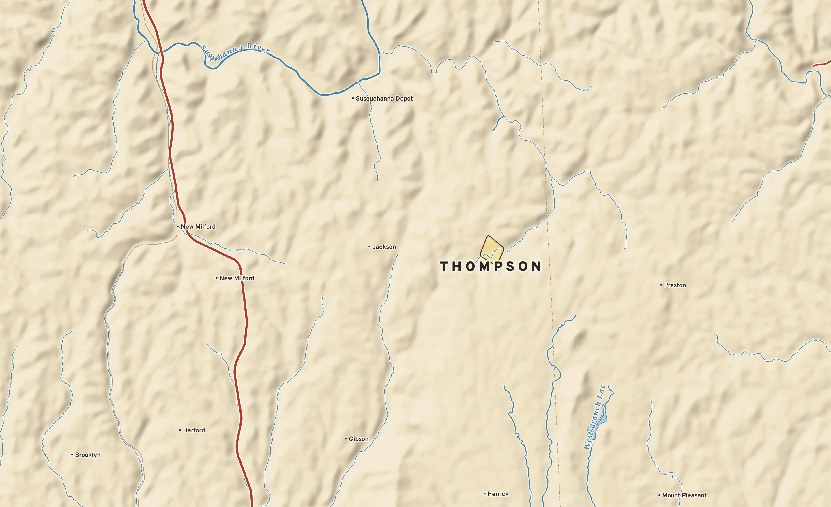 Shaded-relief atlas plate of Thompson, Pennsylvania: rivers, roads, the city limits and where the water drains.