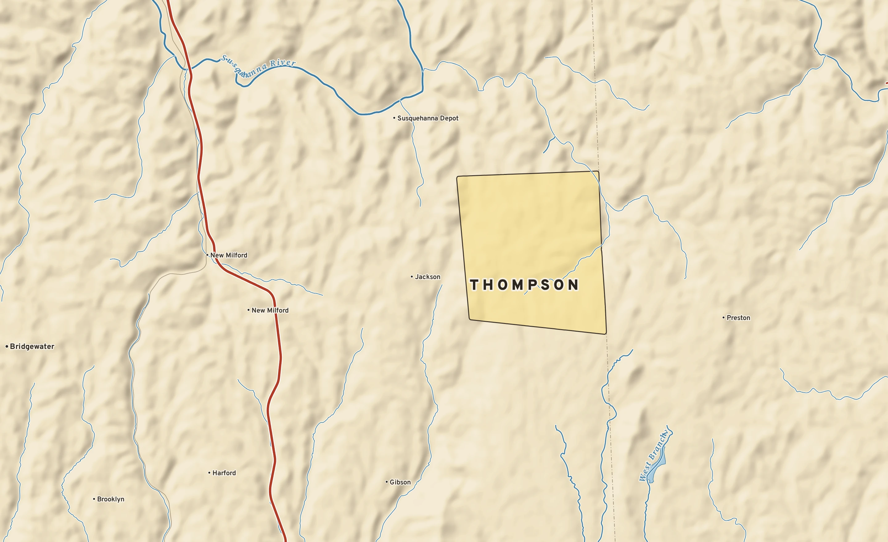 Shaded-relief atlas plate of Thompson, Pennsylvania: rivers, roads, the city limits and where the water drains.