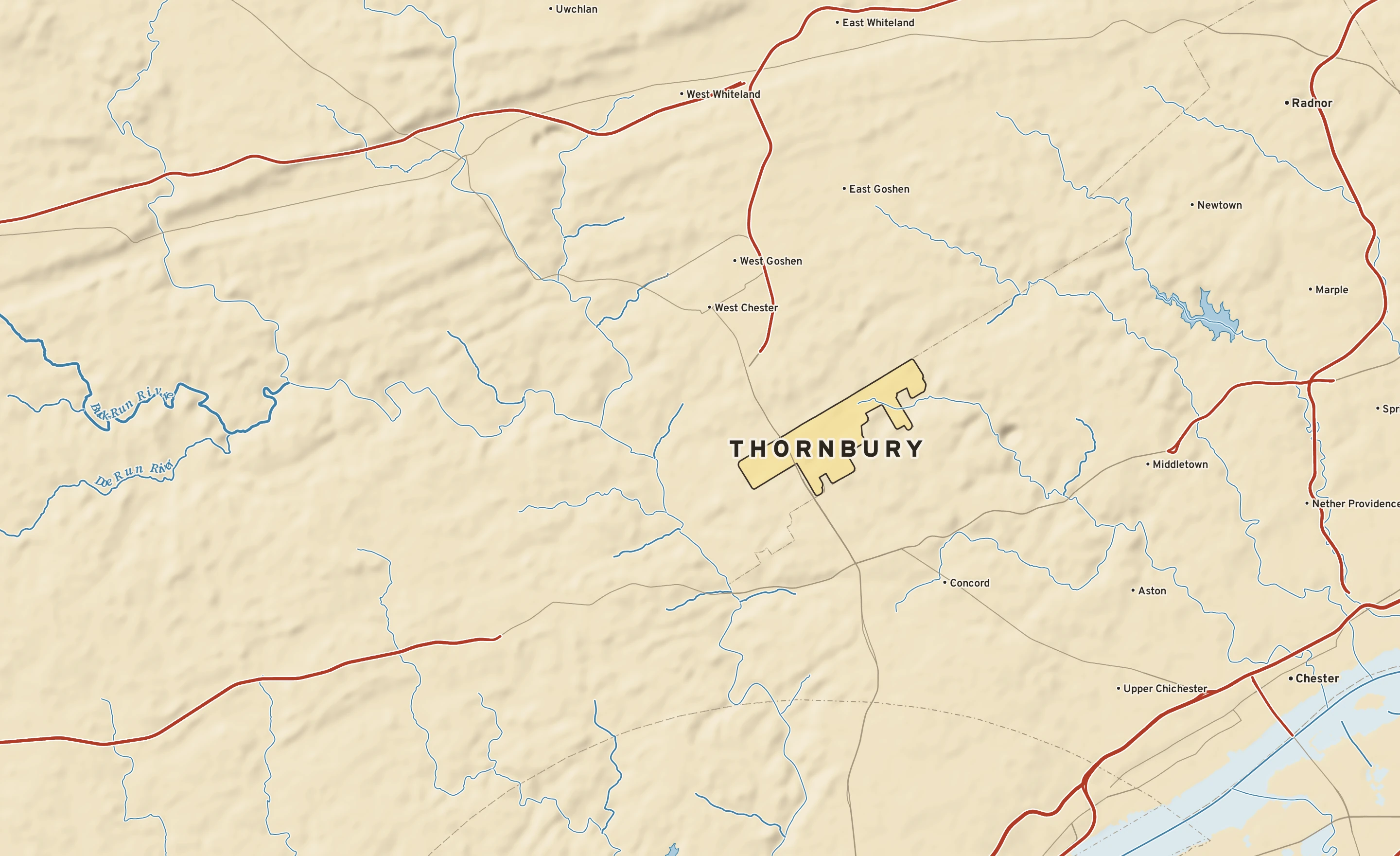 Shaded-relief atlas plate of Thornbury, Pennsylvania: rivers, roads, the city limits and where the water drains.