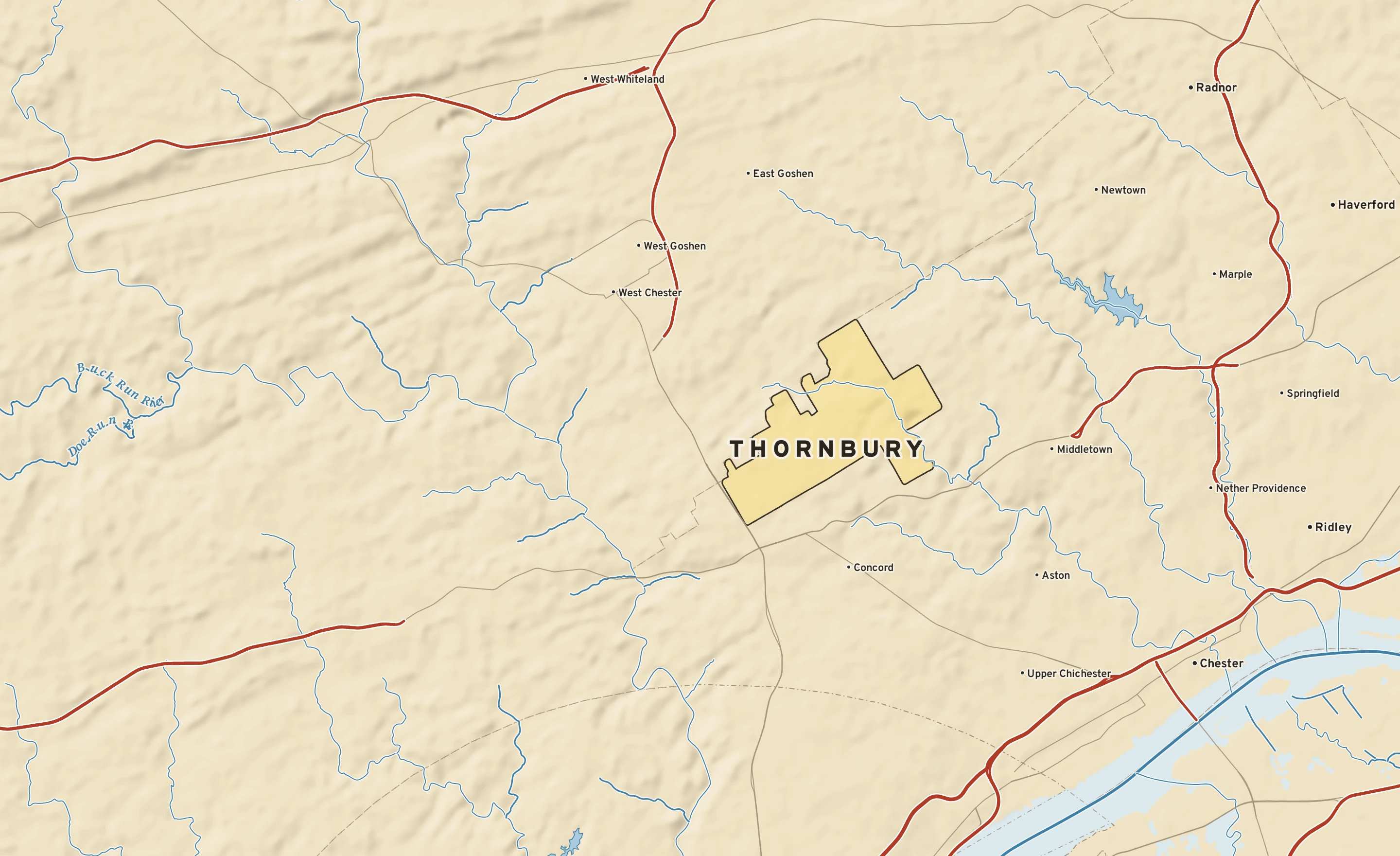 Shaded-relief atlas plate of Thornbury, Pennsylvania: rivers, roads, the city limits and where the water drains.