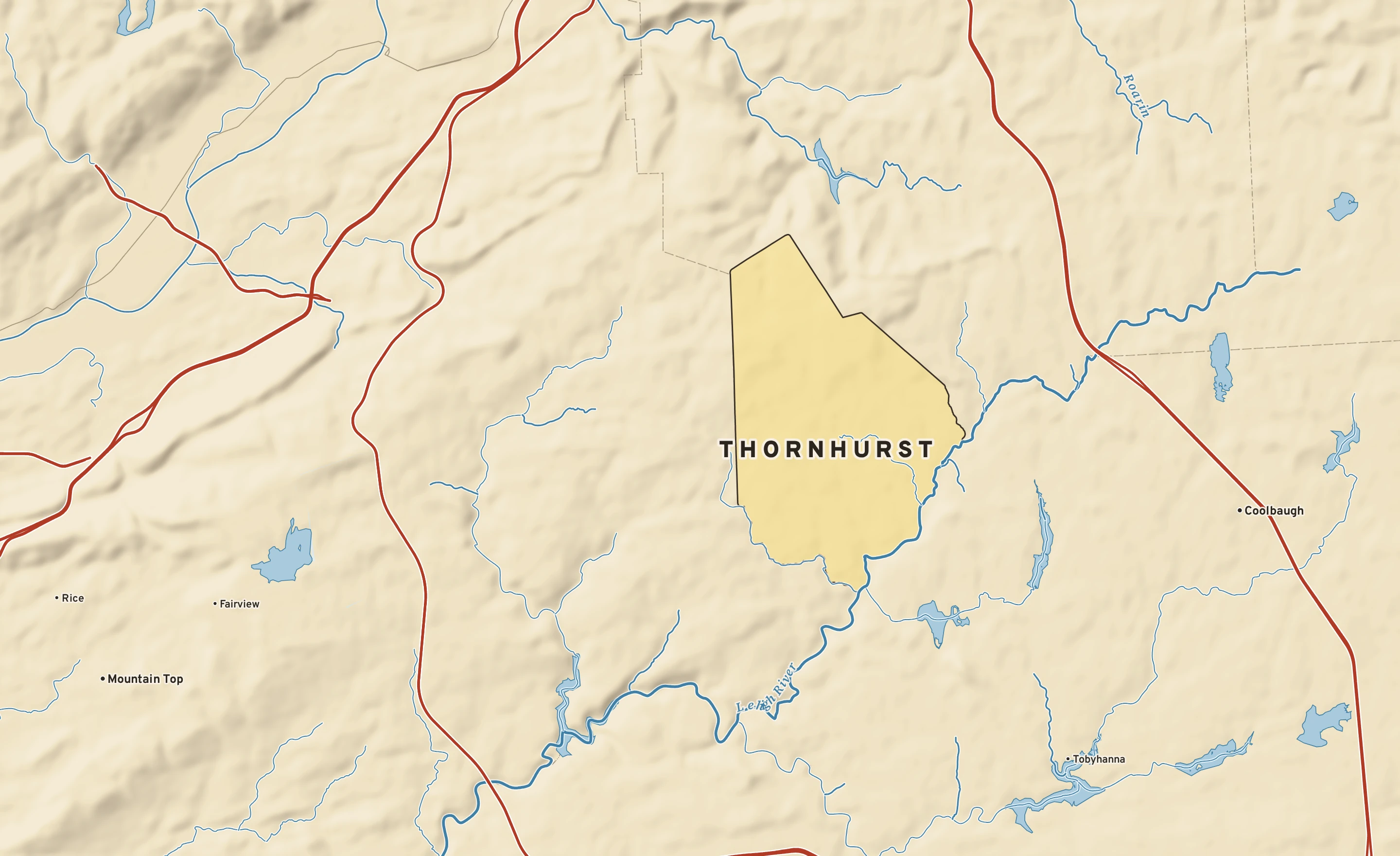 Shaded-relief atlas plate of Thornhurst, Pennsylvania: rivers, roads, the city limits and where the water drains.