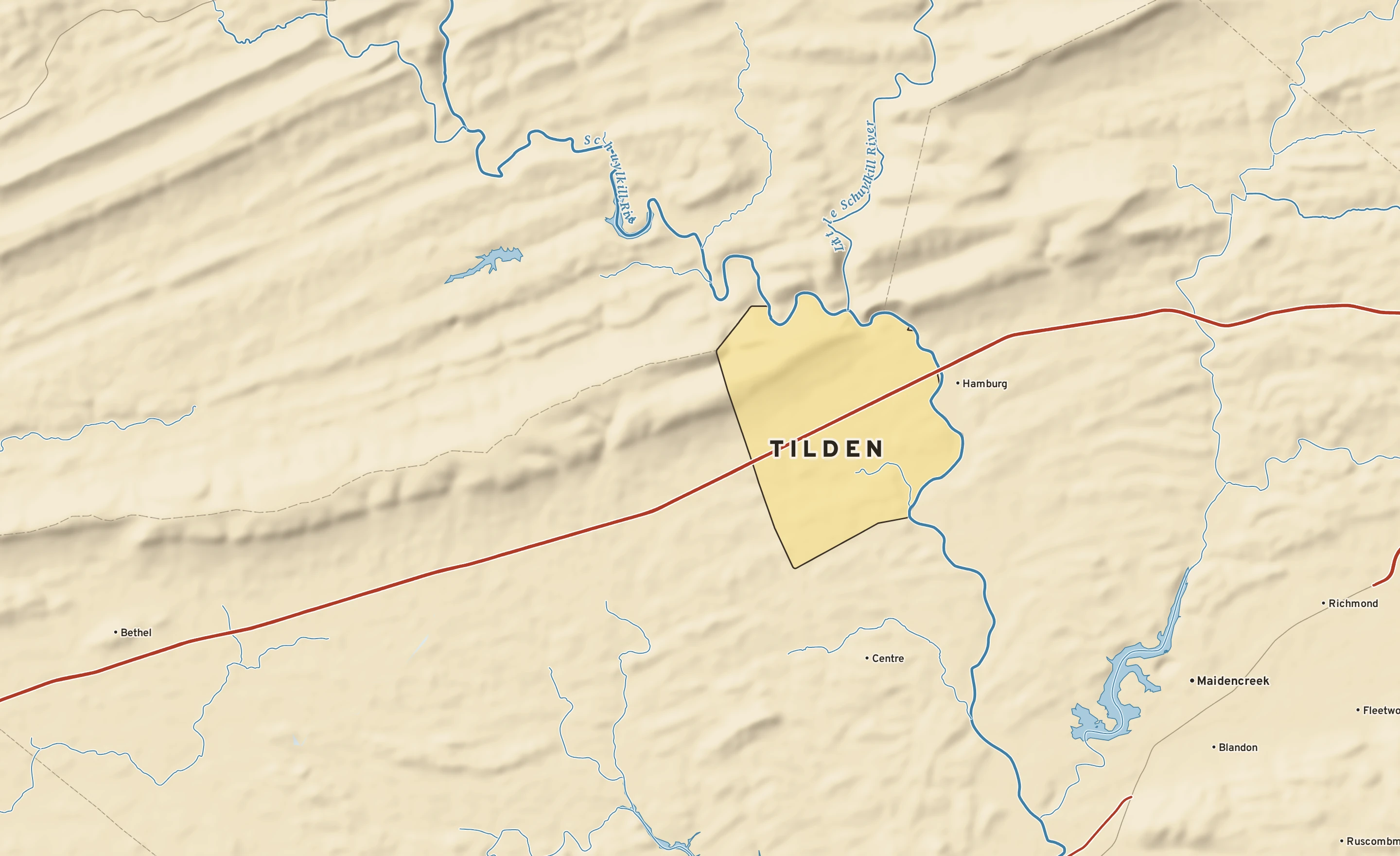 Shaded-relief atlas plate of Tilden, Pennsylvania: rivers, roads, the city limits and where the water drains.