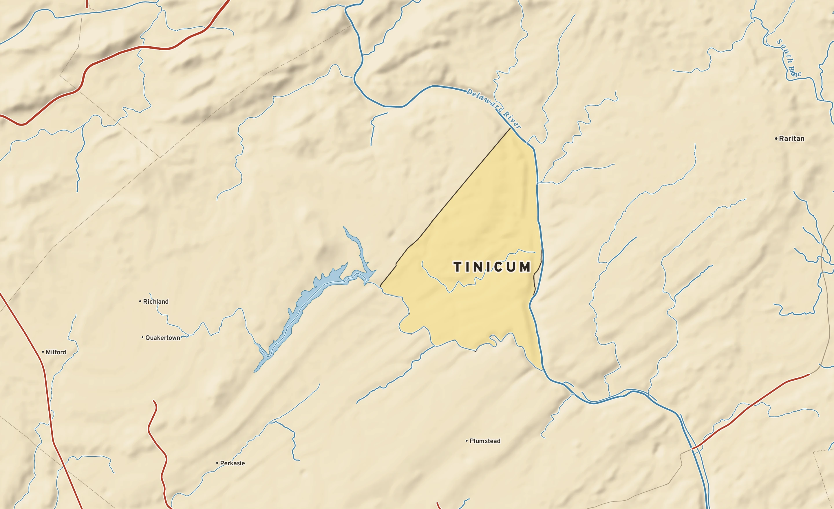 Shaded-relief atlas plate of Tinicum, Pennsylvania: rivers, roads, the city limits and where the water drains.