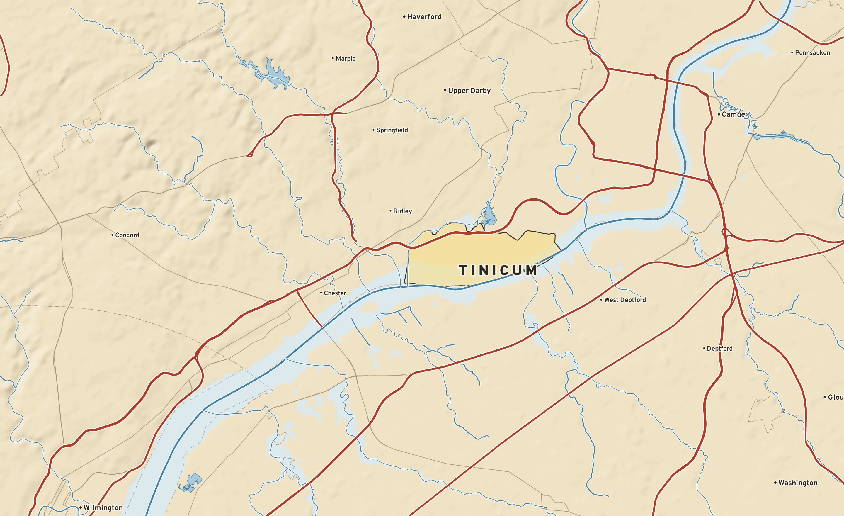 Shaded-relief atlas plate of Tinicum, Pennsylvania: rivers, roads, the city limits and where the water drains.
