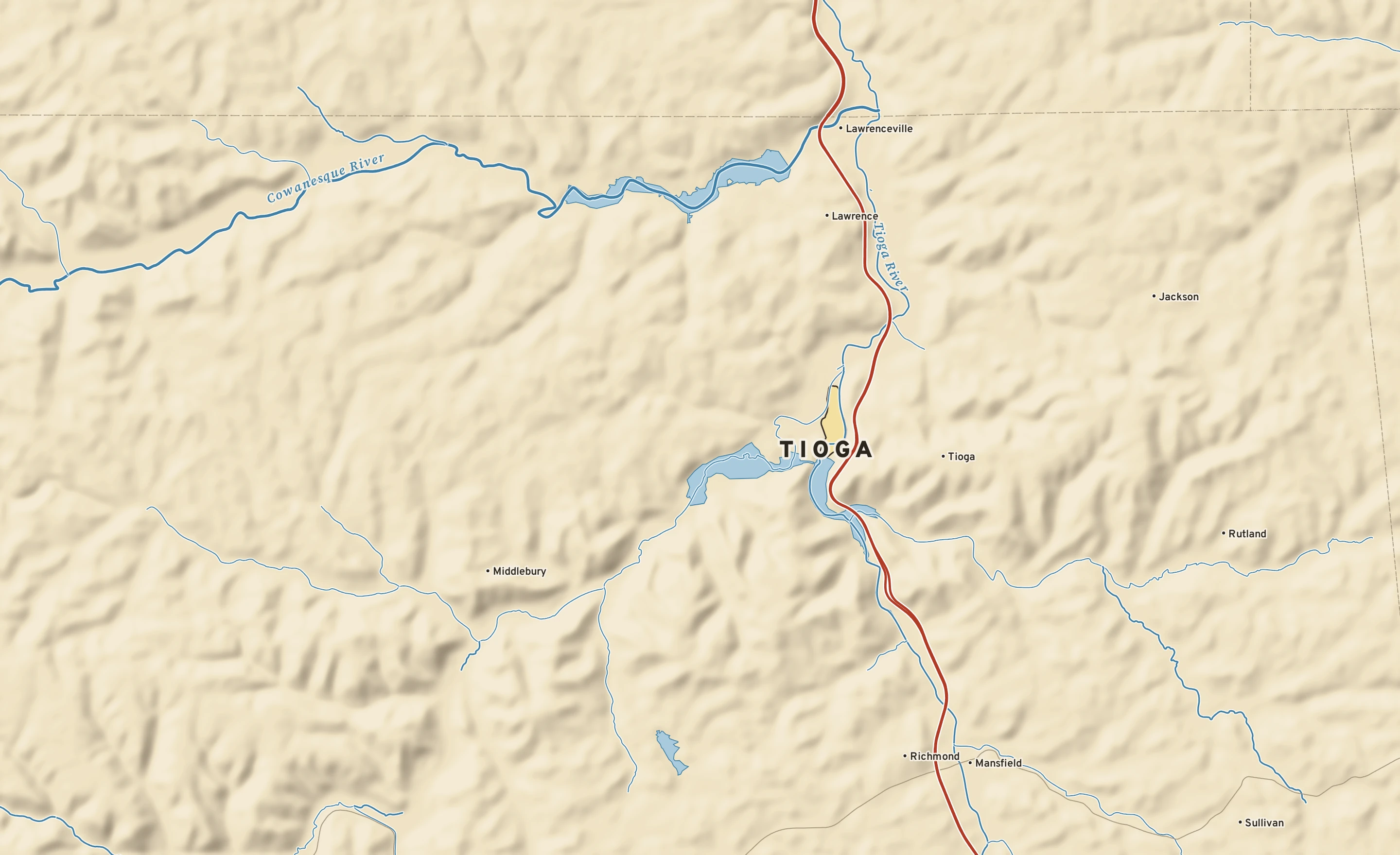 Shaded-relief atlas plate of Tioga, Pennsylvania: rivers, roads, the city limits and where the water drains.