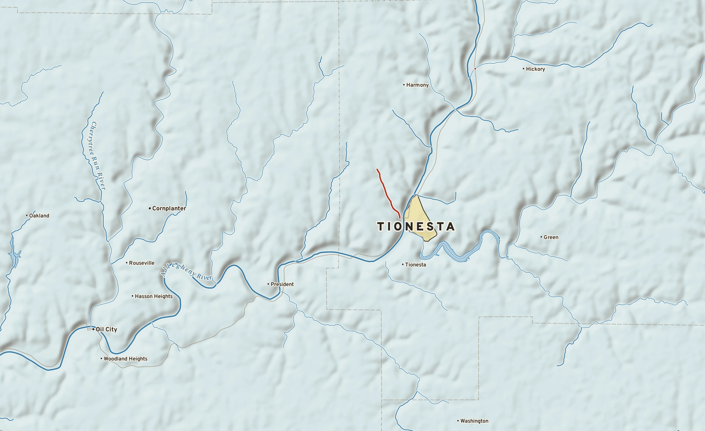 Shaded-relief atlas plate of Tionesta, Pennsylvania: rivers, roads, the city limits and where the water drains.