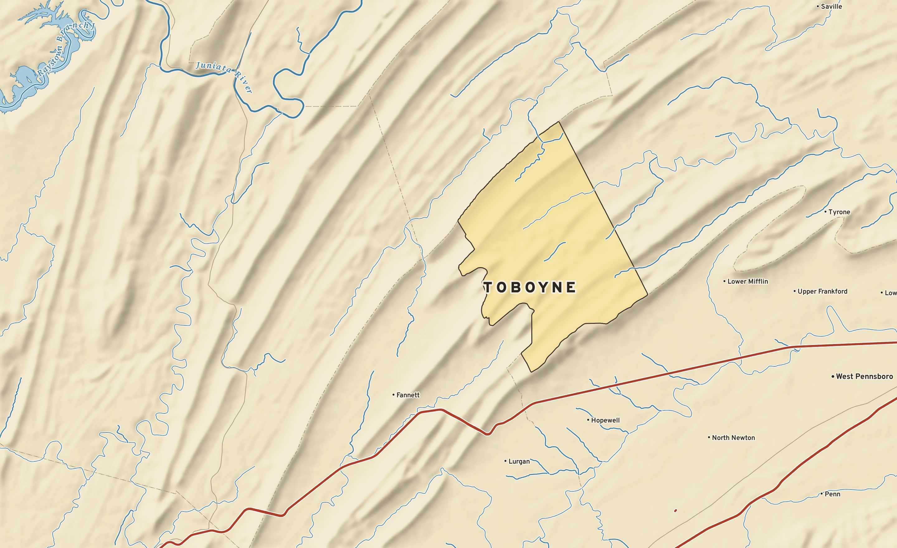 Shaded-relief atlas plate of Toboyne, Pennsylvania: rivers, roads, the city limits and where the water drains.