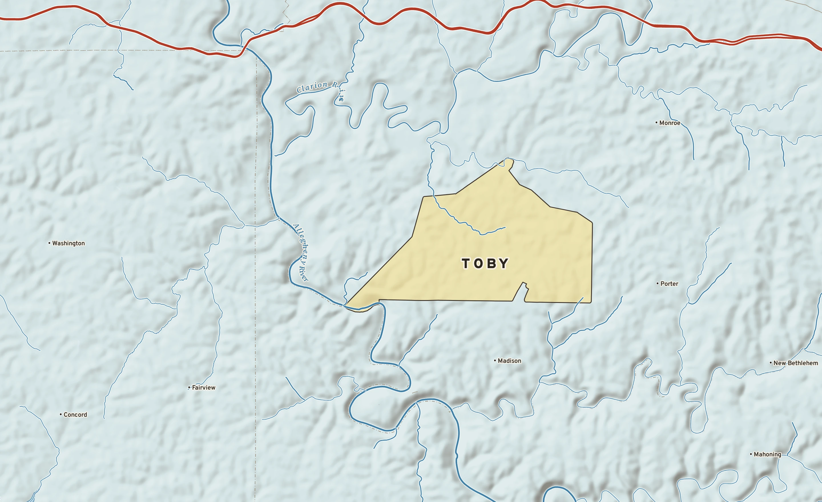 Shaded-relief atlas plate of Toby, Pennsylvania: rivers, roads, the city limits and where the water drains.