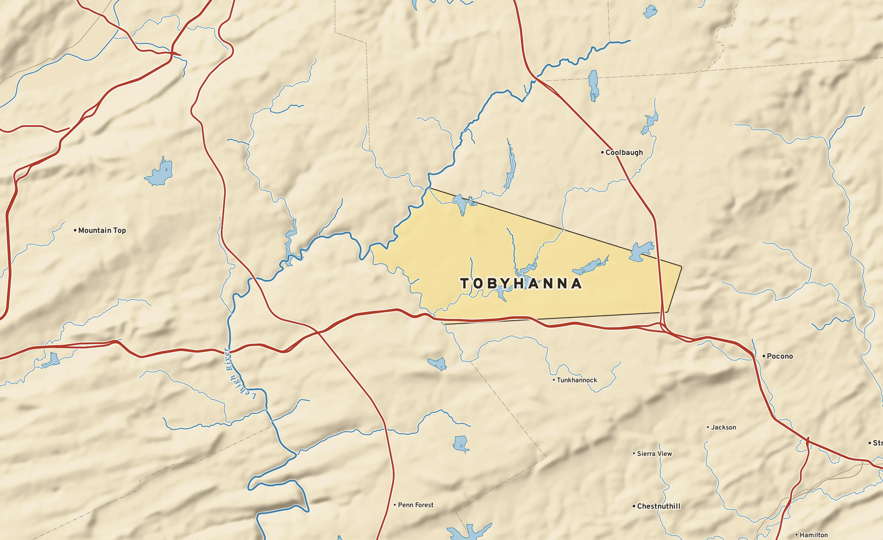 Shaded-relief atlas plate of Tobyhanna, Pennsylvania: rivers, roads, the city limits and where the water drains.