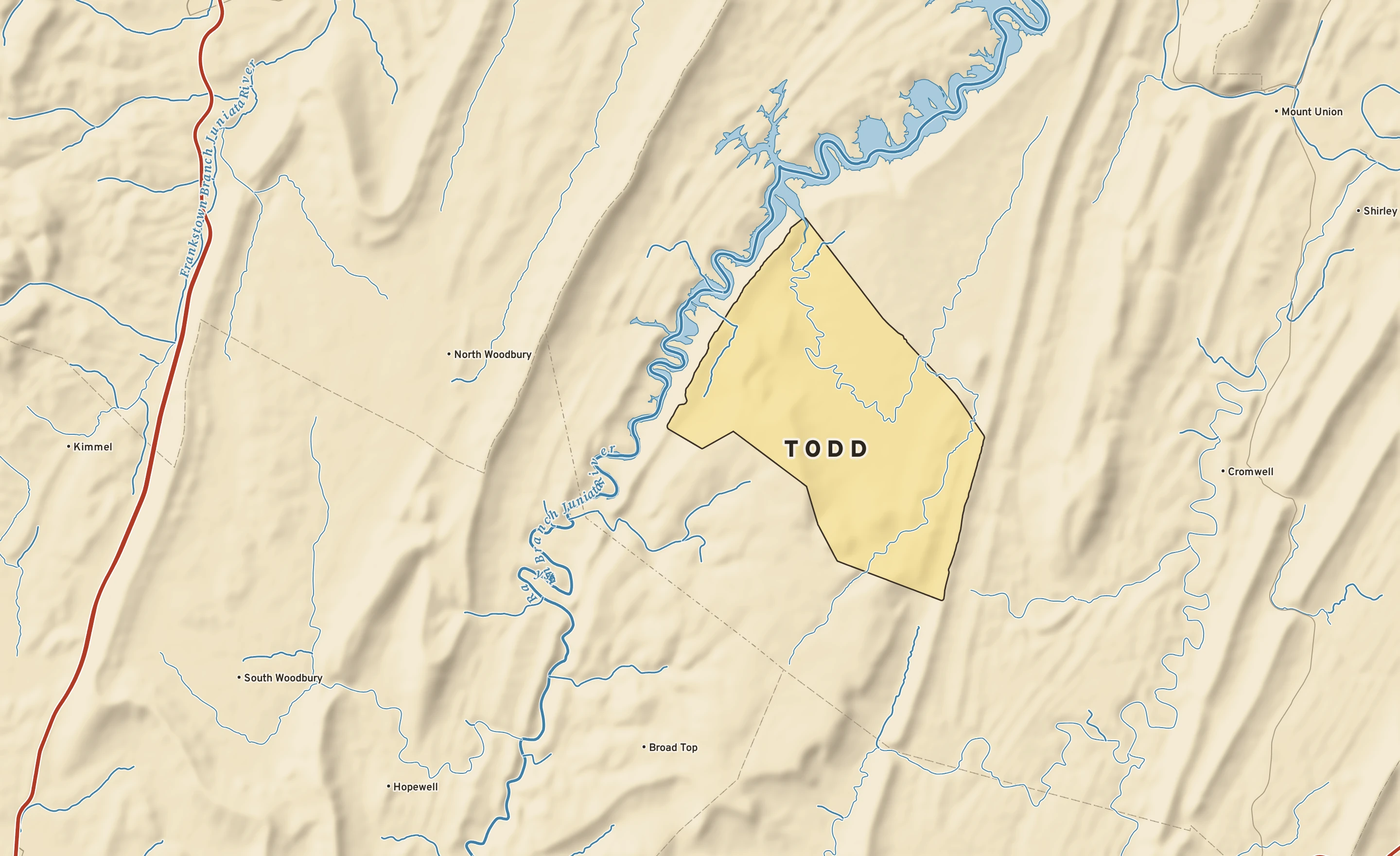 Shaded-relief atlas plate of Todd, Pennsylvania: rivers, roads, the city limits and where the water drains.