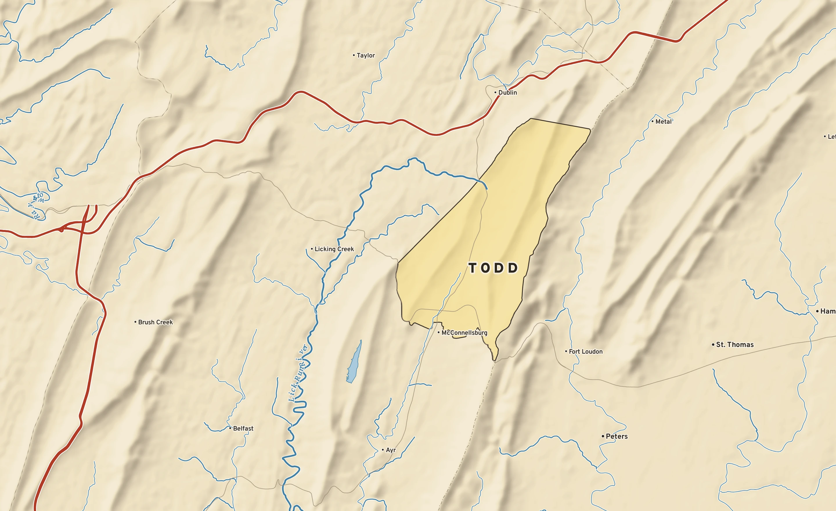 Shaded-relief atlas plate of Todd, Pennsylvania: rivers, roads, the city limits and where the water drains.