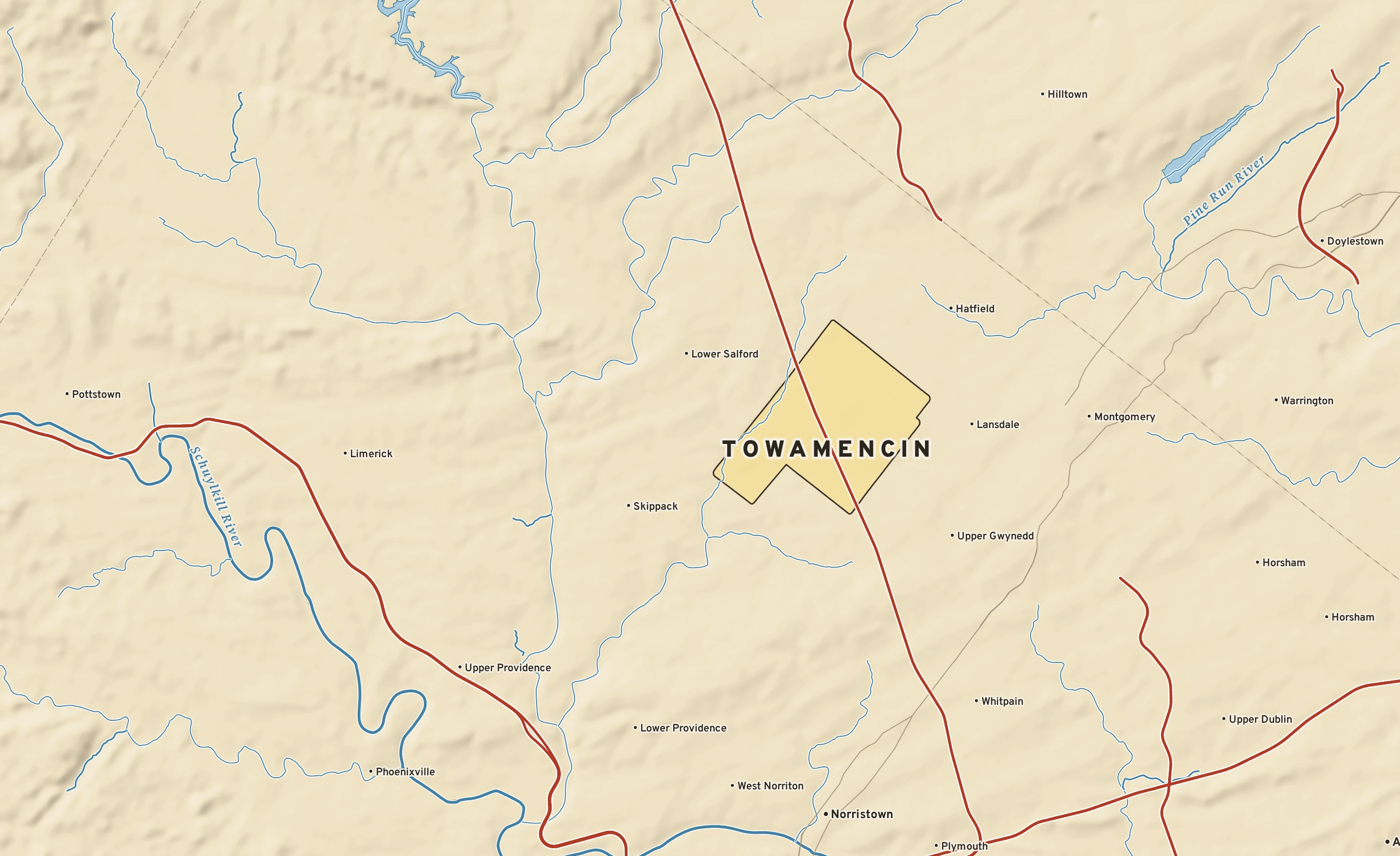 Shaded-relief atlas plate of Towamencin, Pennsylvania: rivers, roads, the city limits and where the water drains.