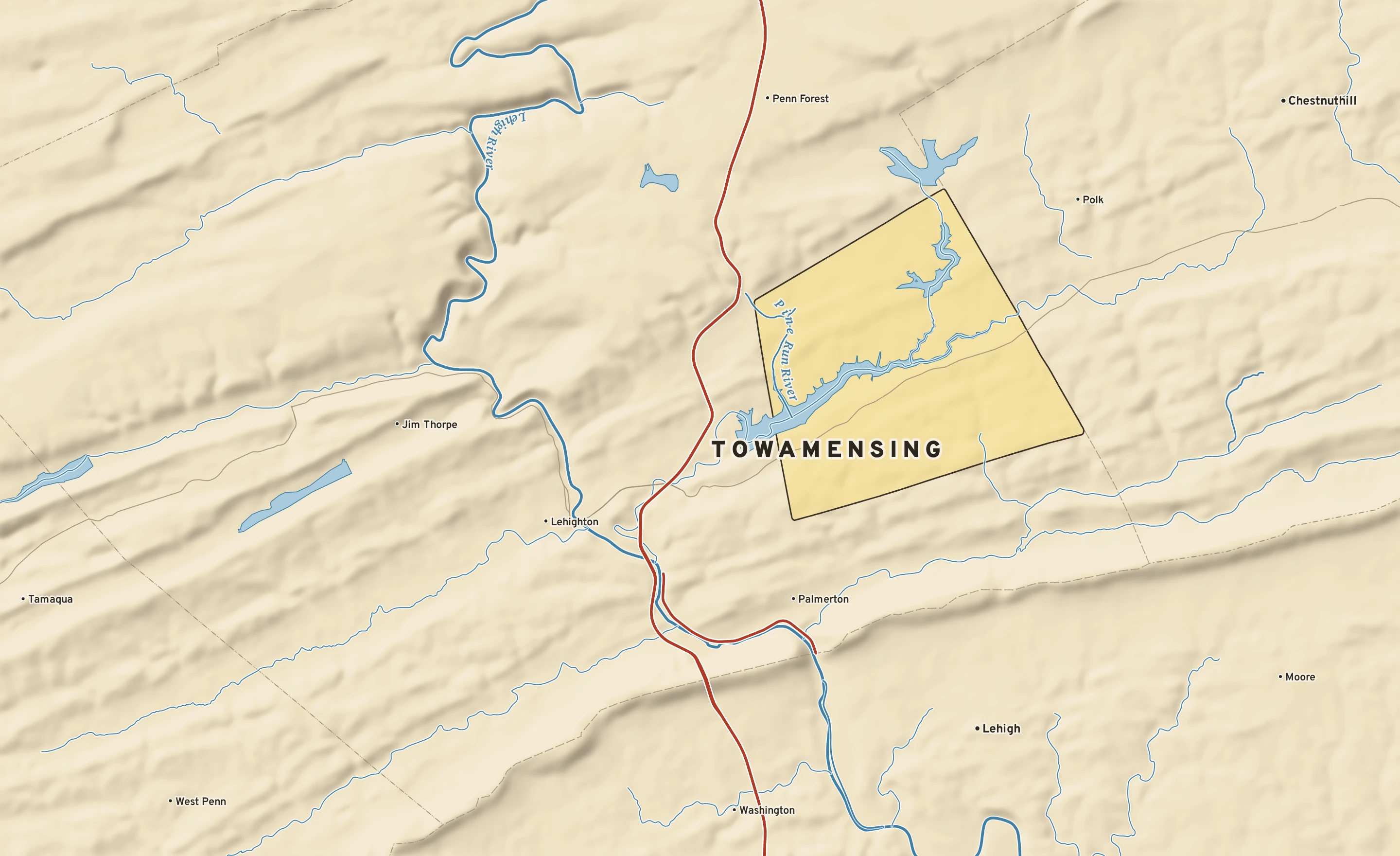Shaded-relief atlas plate of Towamensing, Pennsylvania: rivers, roads, the city limits and where the water drains.
