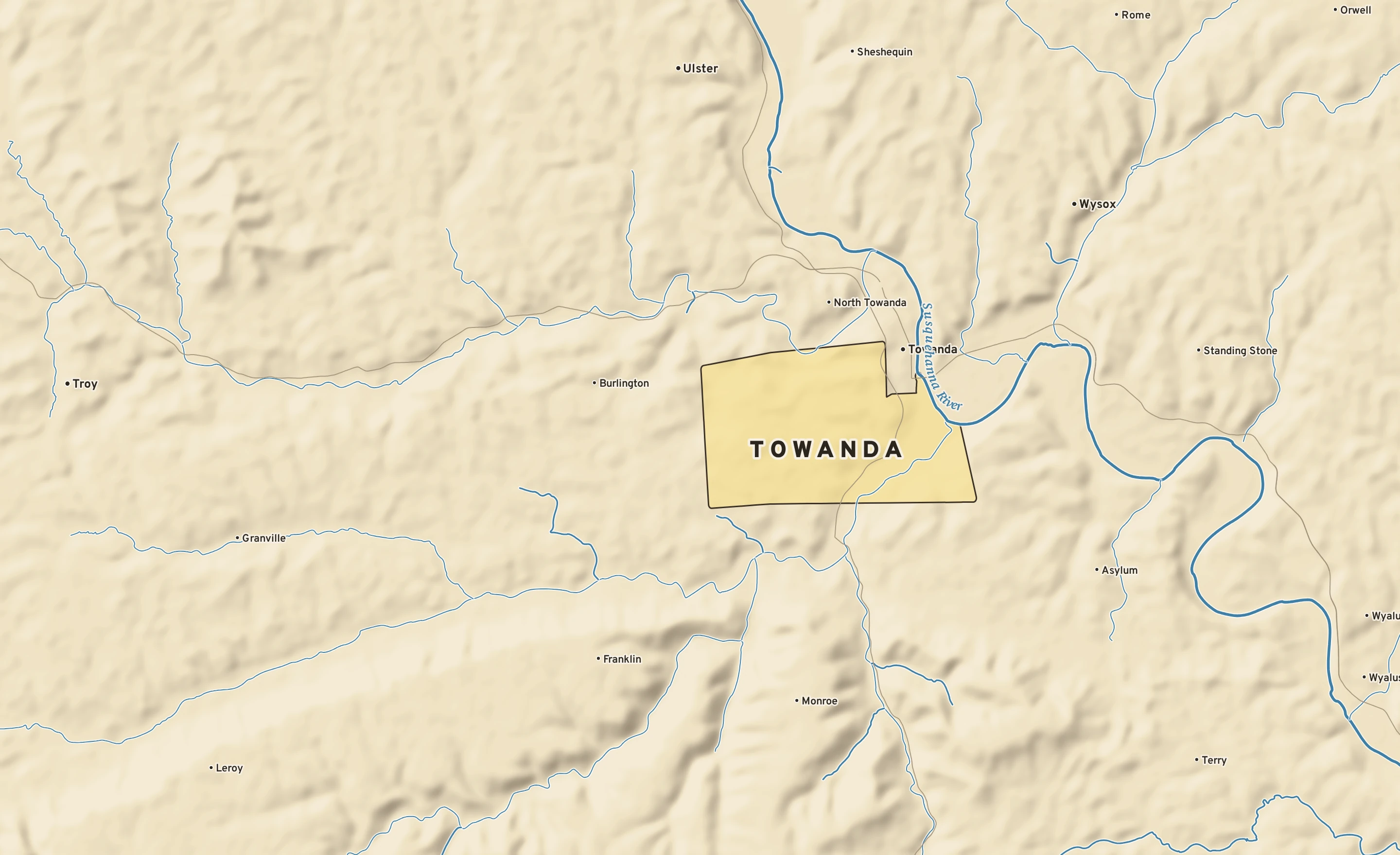 Shaded-relief atlas plate of Towanda, Pennsylvania: rivers, roads, the city limits and where the water drains.