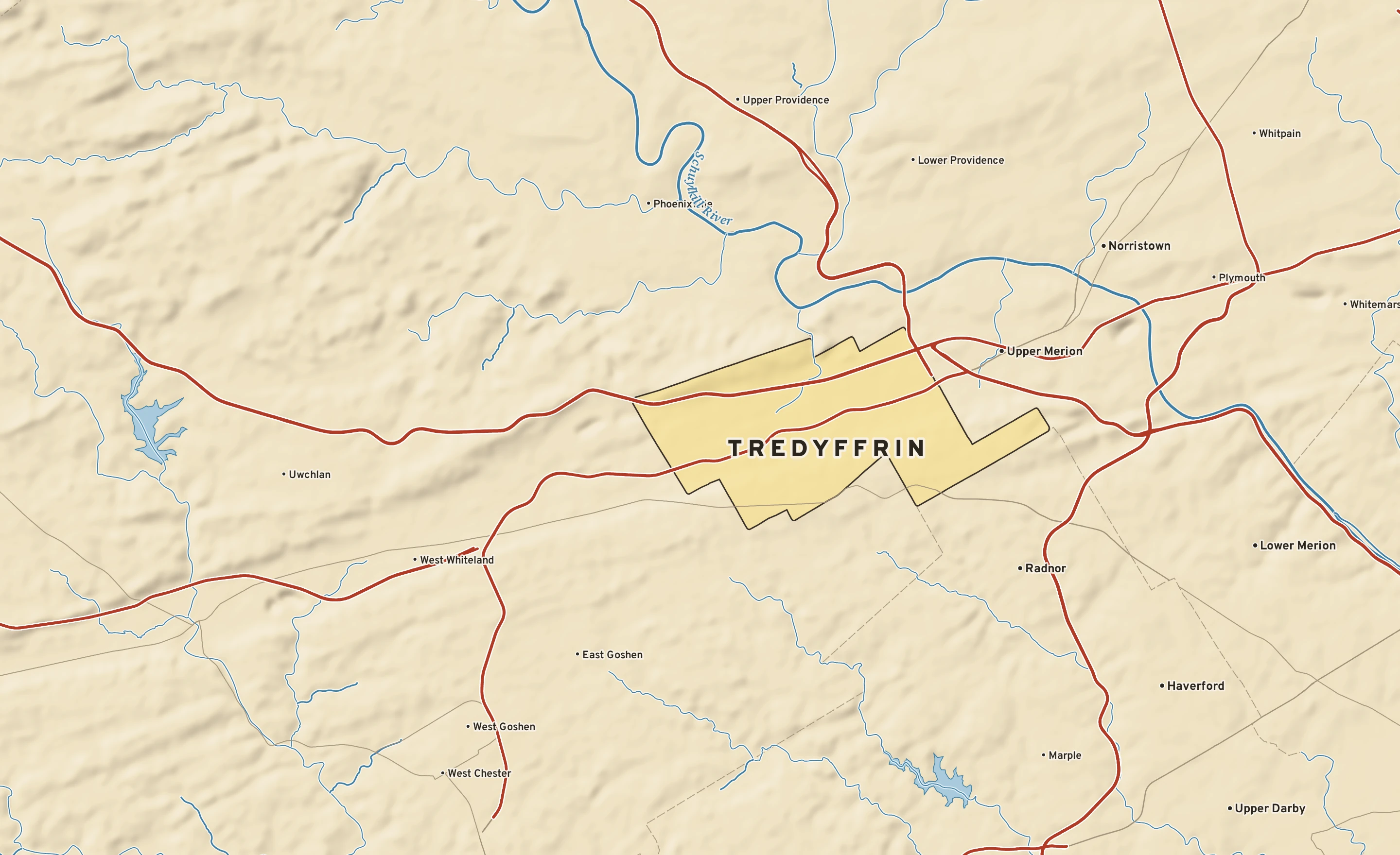 Shaded-relief atlas plate of Tredyffrin, Pennsylvania: rivers, roads, the city limits and where the water drains.
