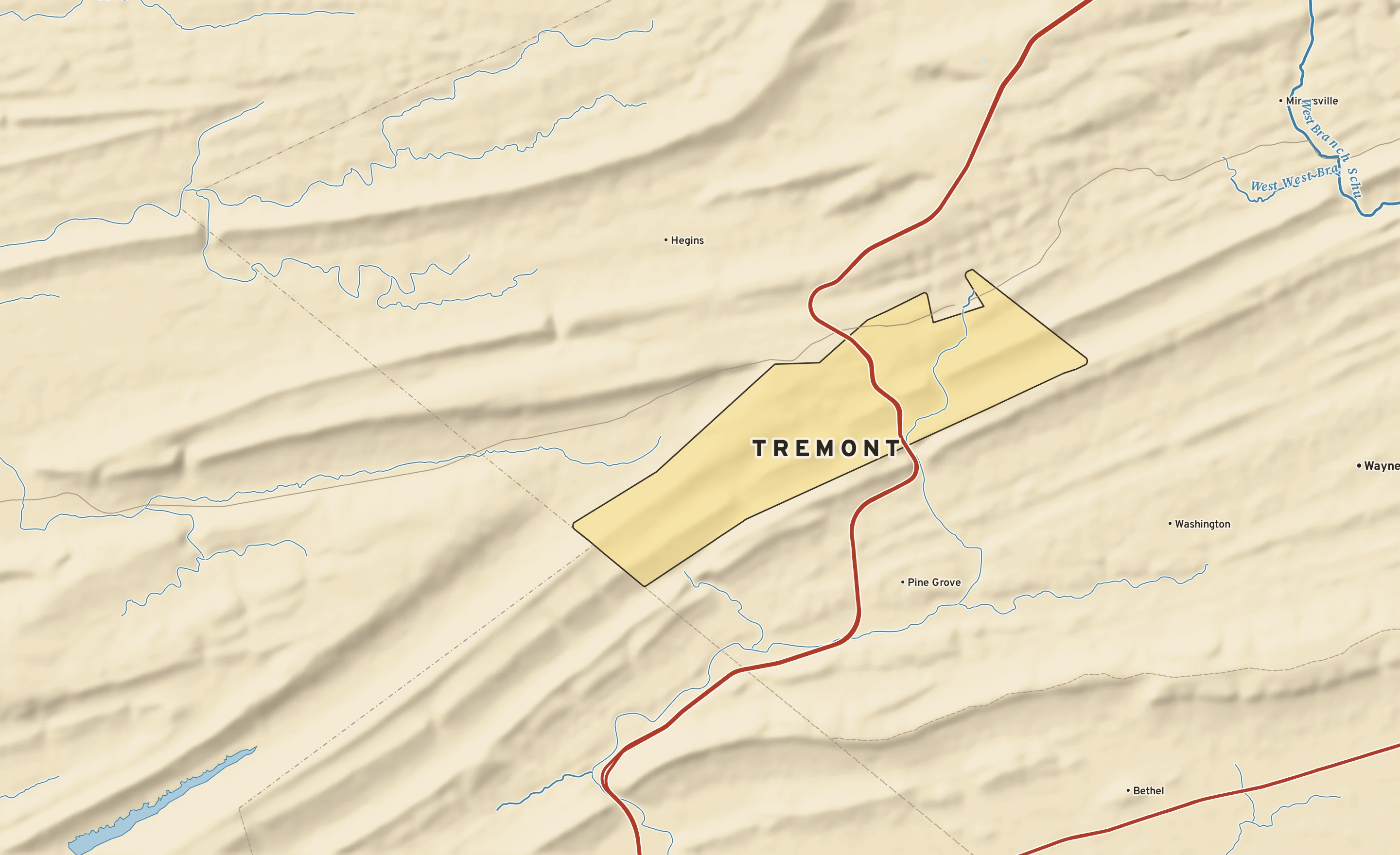 Shaded-relief atlas plate of Tremont, Pennsylvania: rivers, roads, the city limits and where the water drains.