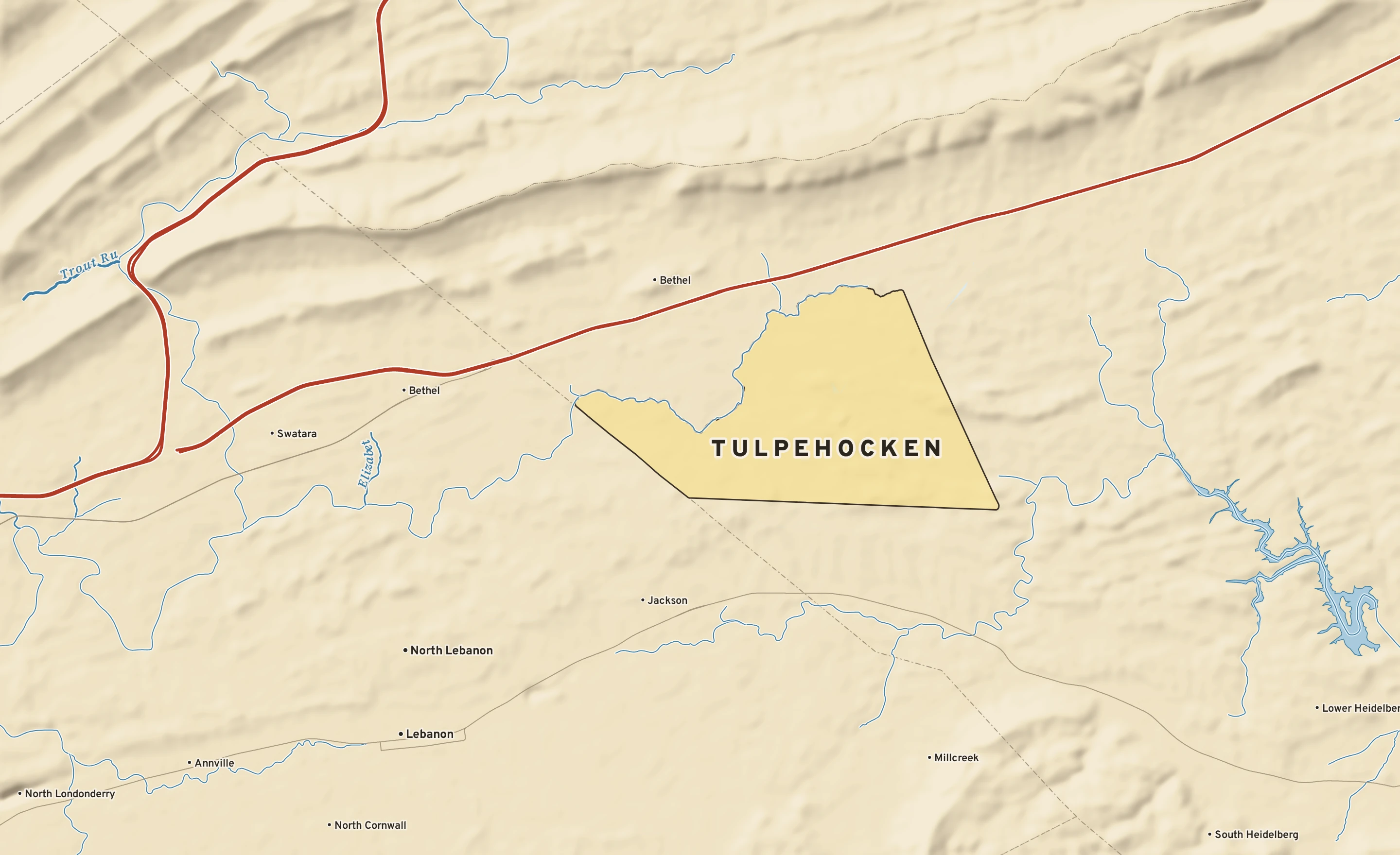 Shaded-relief atlas plate of Tulpehocken, Pennsylvania: rivers, roads, the city limits and where the water drains.