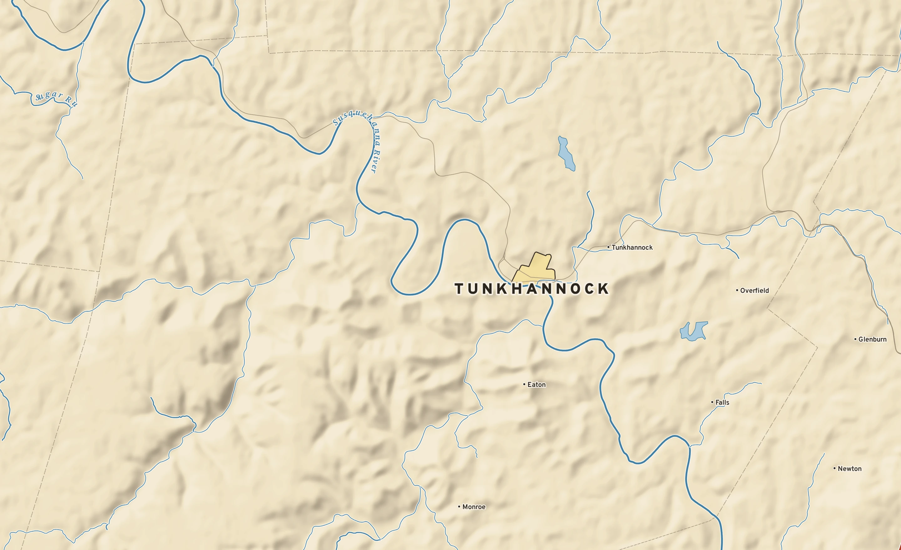 Shaded-relief atlas plate of Tunkhannock, Pennsylvania: rivers, roads, the city limits and where the water drains.