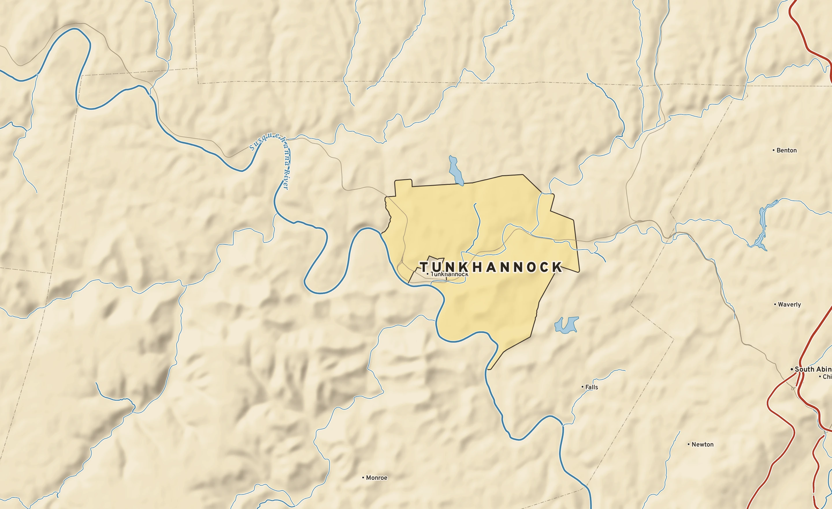 Shaded-relief atlas plate of Tunkhannock, Pennsylvania: rivers, roads, the city limits and where the water drains.