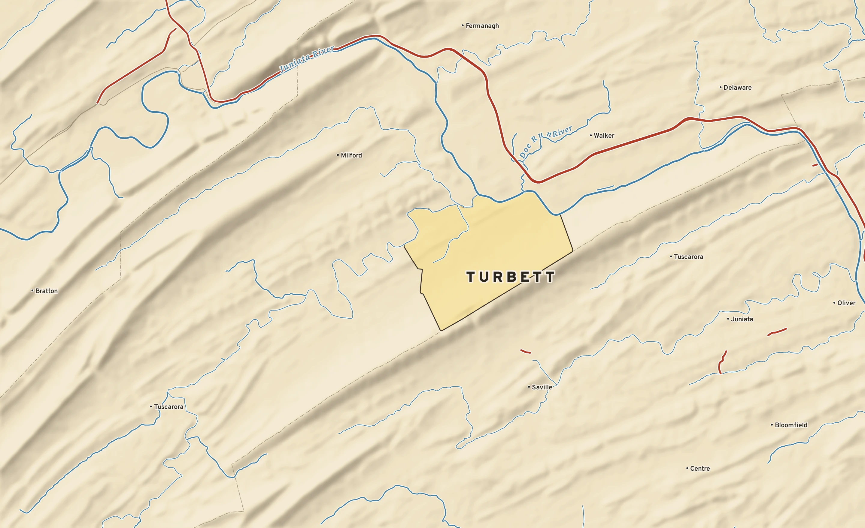 Shaded-relief atlas plate of Turbett, Pennsylvania: rivers, roads, the city limits and where the water drains.