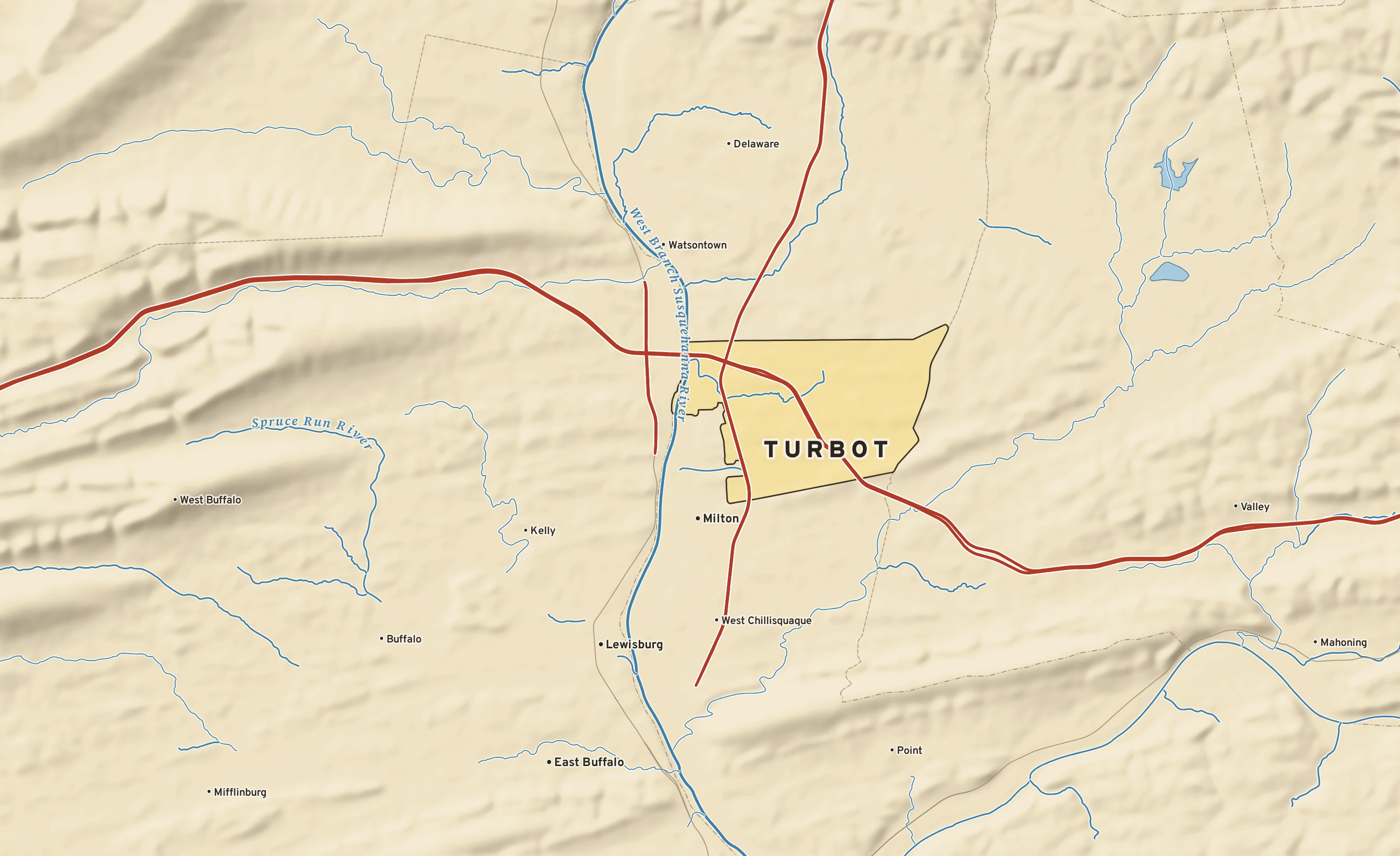 Shaded-relief atlas plate of Turbot, Pennsylvania: rivers, roads, the city limits and where the water drains.