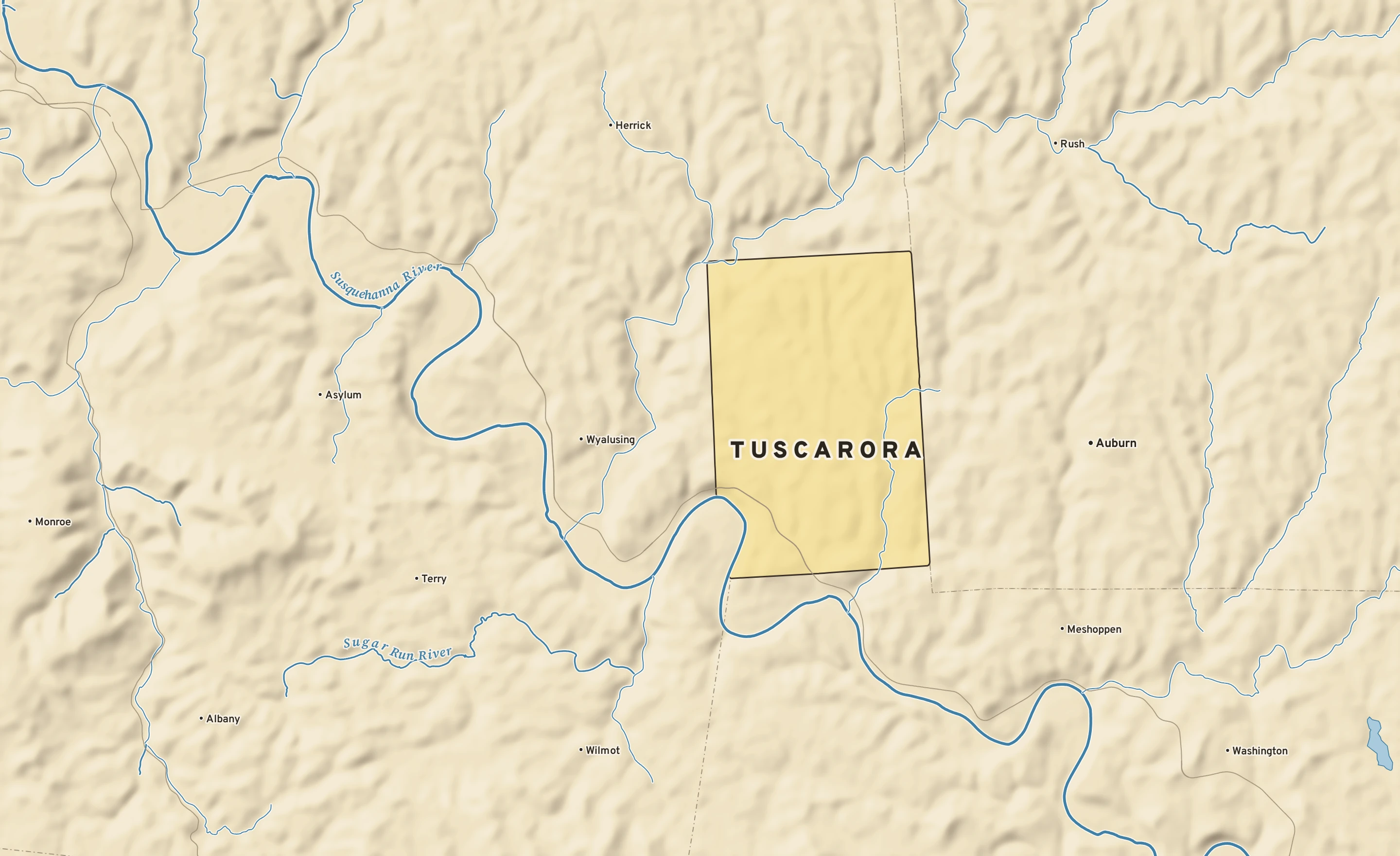 Shaded-relief atlas plate of Tuscarora, Pennsylvania: rivers, roads, the city limits and where the water drains.