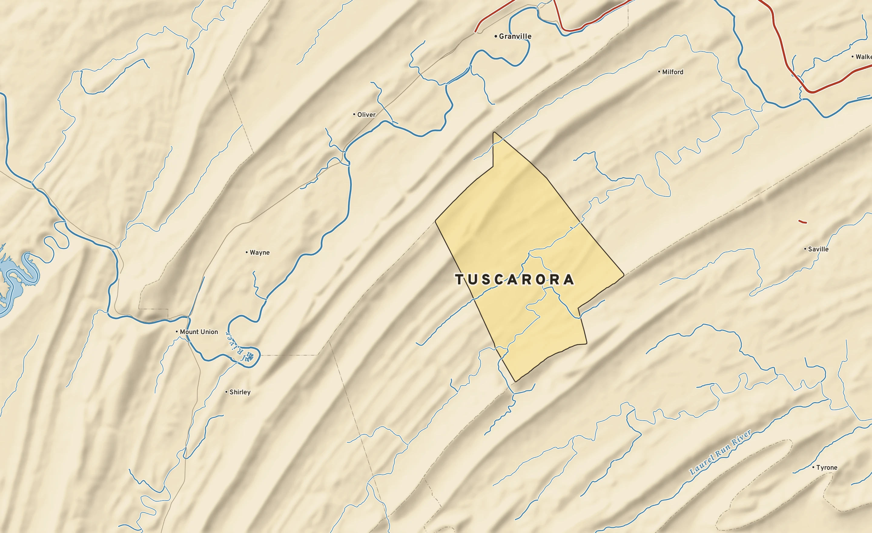 Shaded-relief atlas plate of Tuscarora, Pennsylvania: rivers, roads, the city limits and where the water drains.