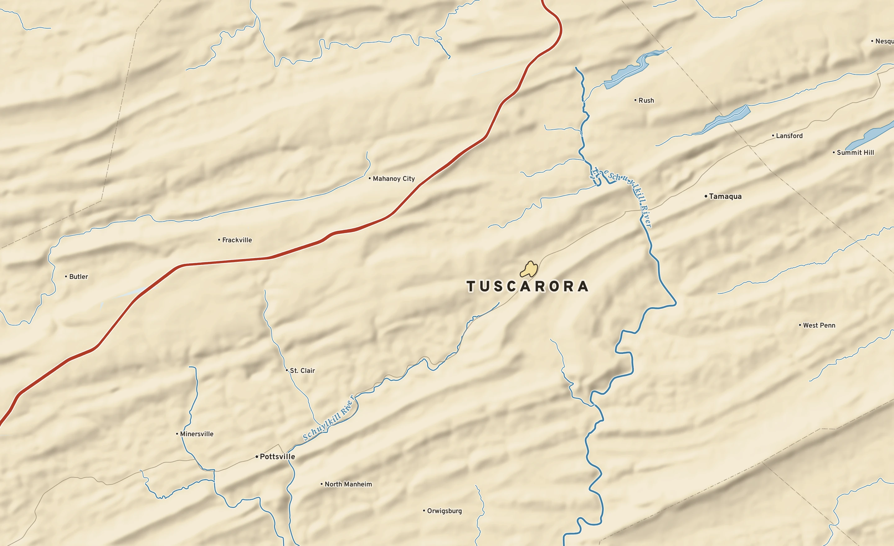 Shaded-relief atlas plate of Tuscarora, Pennsylvania: rivers, roads, the city limits and where the water drains.