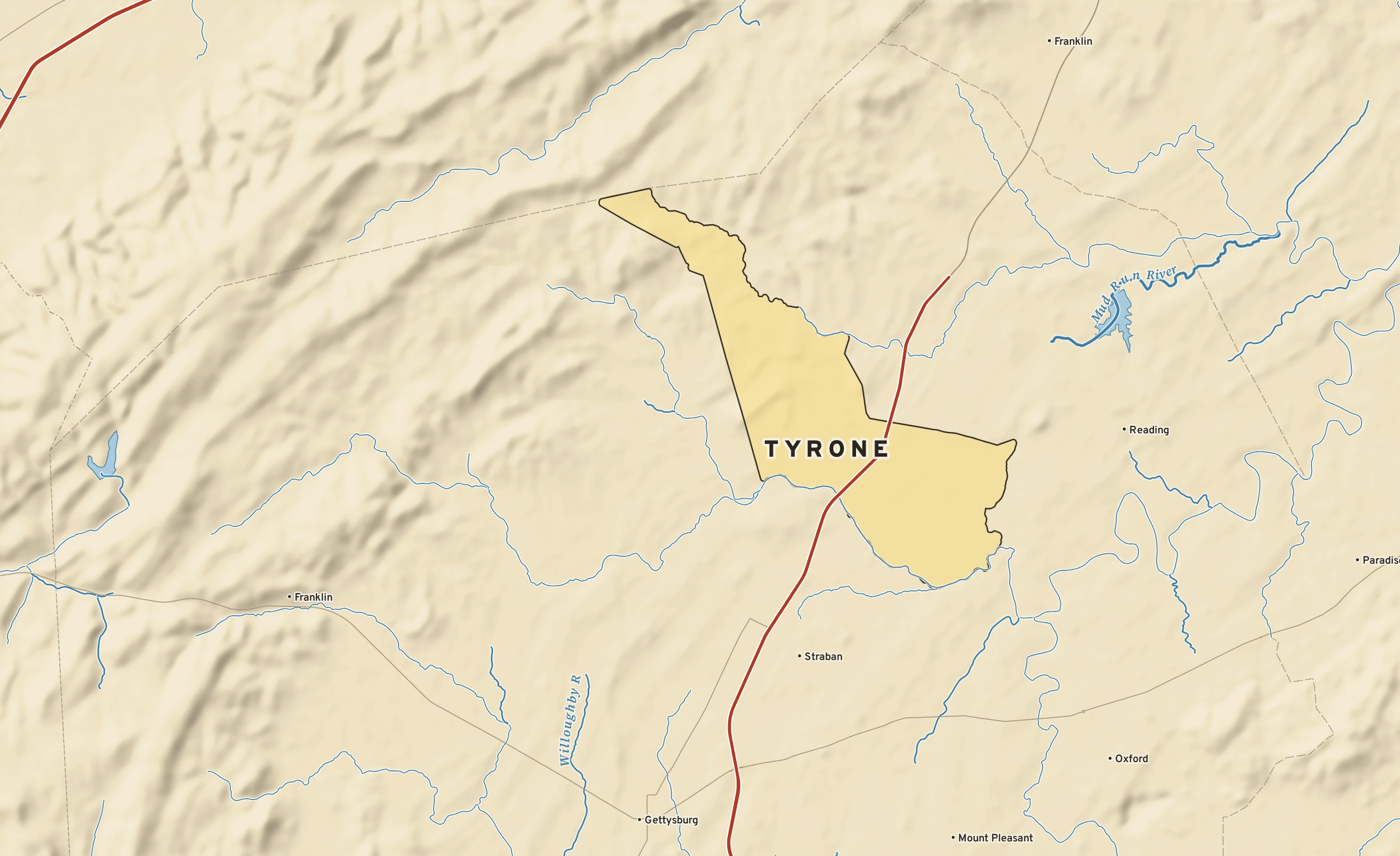 Shaded-relief atlas plate of Tyrone, Pennsylvania: rivers, roads, the city limits and where the water drains.