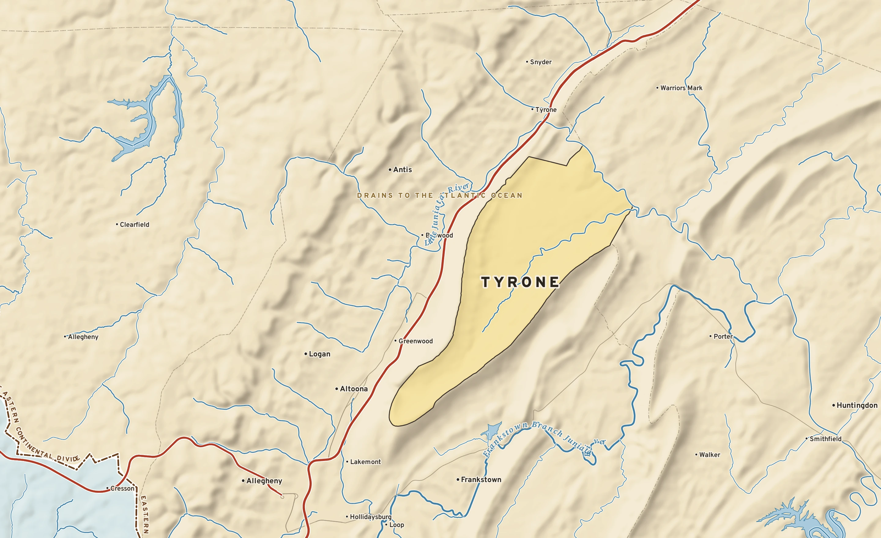 Shaded-relief atlas plate of Tyrone, Pennsylvania: rivers, roads, the city limits and where the water drains.