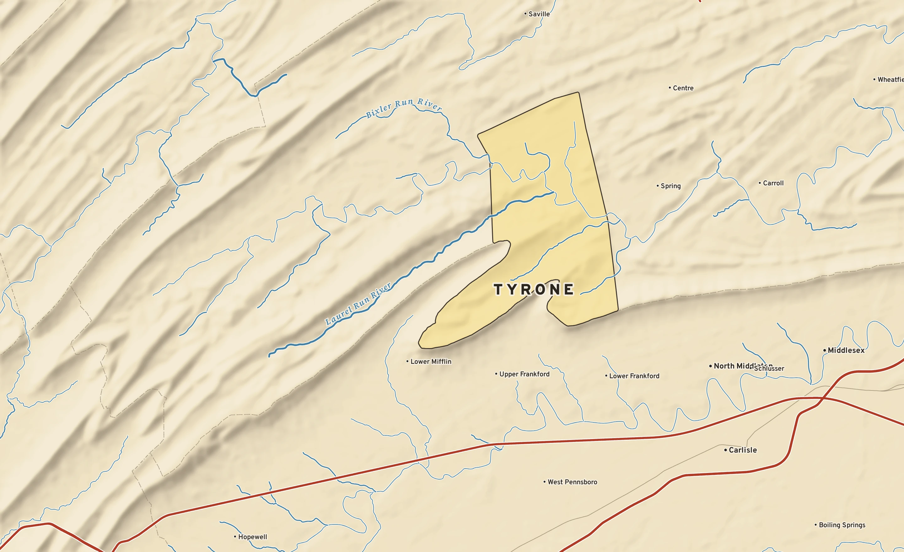 Shaded-relief atlas plate of Tyrone, Pennsylvania: rivers, roads, the city limits and where the water drains.