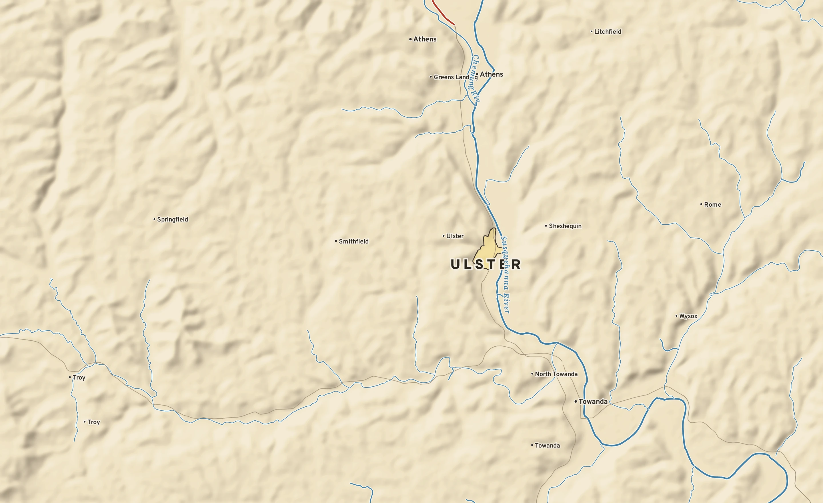 Shaded-relief atlas plate of Ulster, Pennsylvania: rivers, roads, the city limits and where the water drains.
