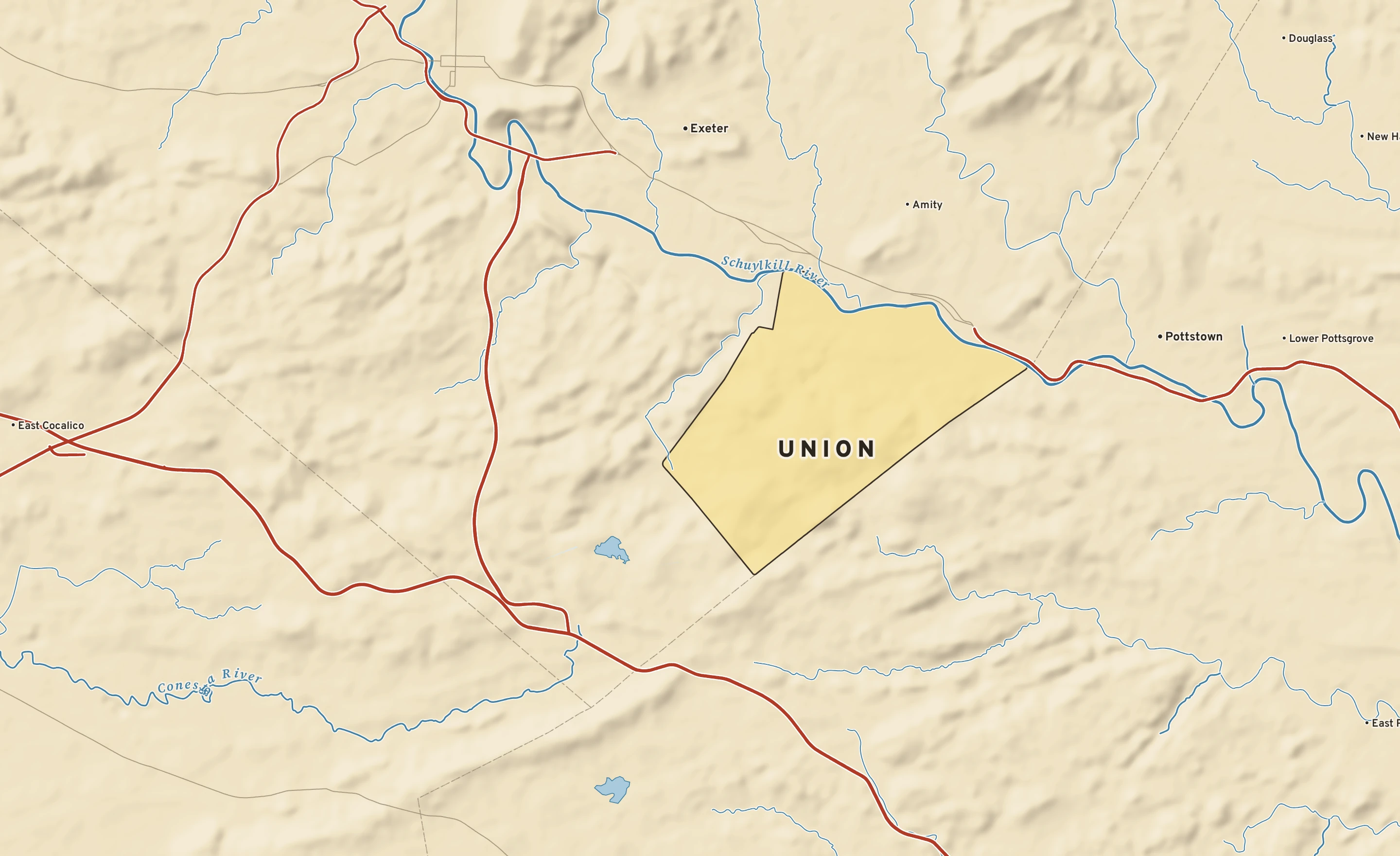 Shaded-relief atlas plate of Union, Pennsylvania: rivers, roads, the city limits and where the water drains.