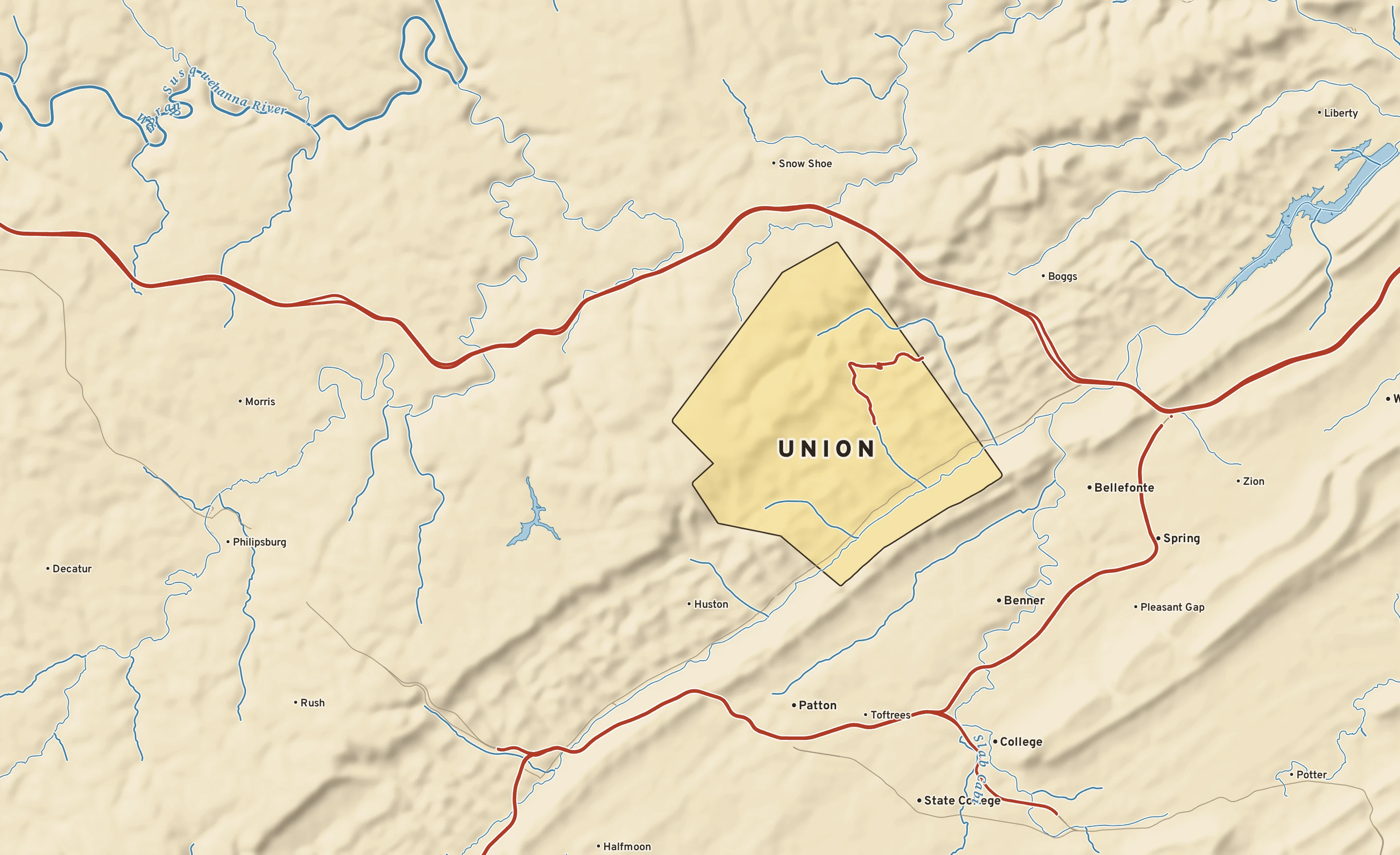Shaded-relief atlas plate of Union, Pennsylvania: rivers, roads, the city limits and where the water drains.
