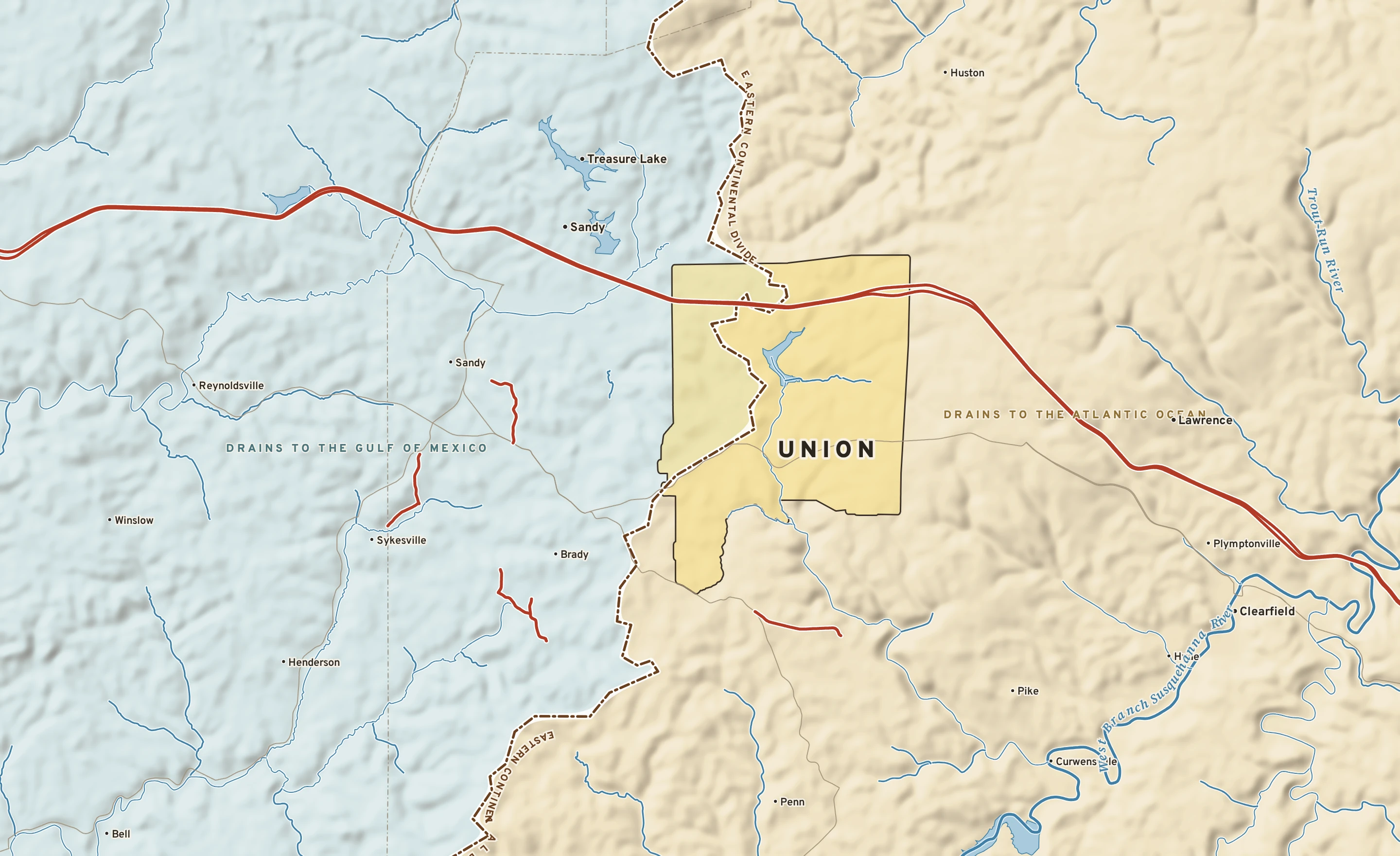 Shaded-relief atlas plate of Union, Pennsylvania: rivers, roads, the city limits and where the water drains.